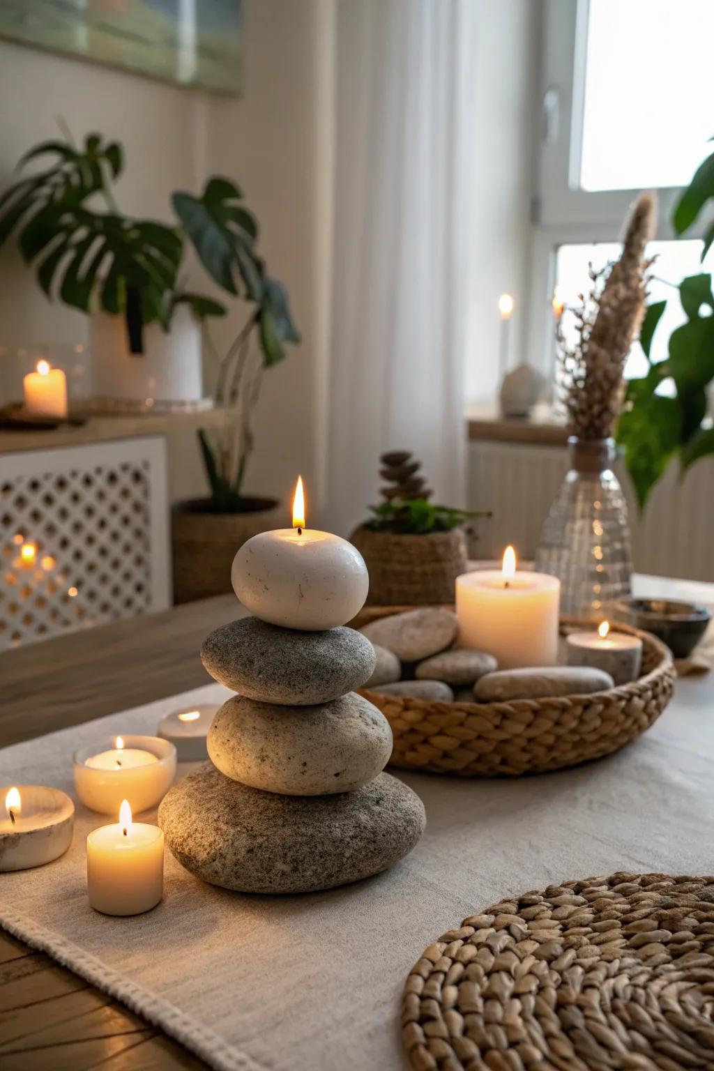 Candles on stones create a calm, Zen-like centerpiece.