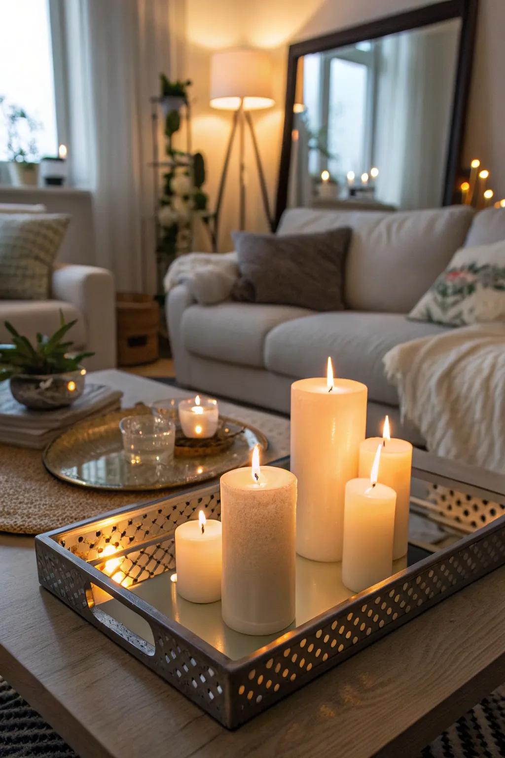 Candlelight amplified by a mirrored platter.