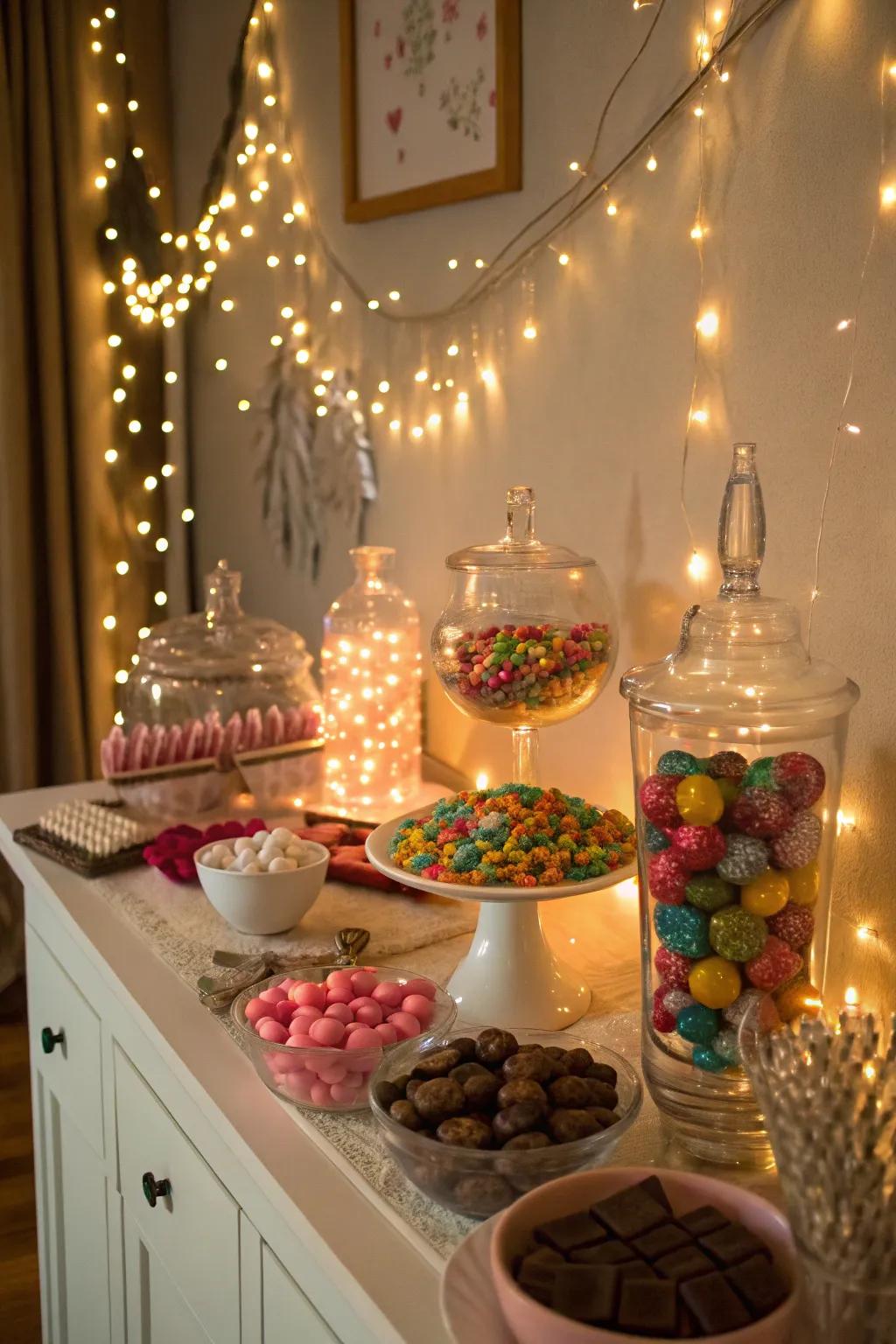 Sparkle lights adding a magical touch to the sweet table