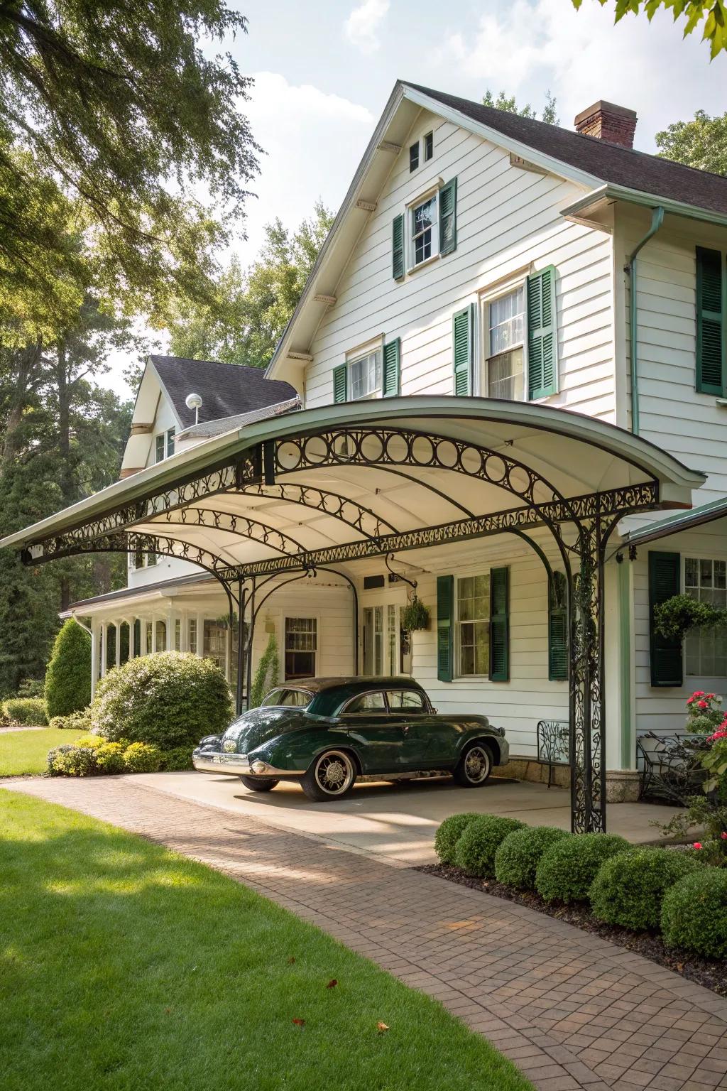 A nostalgic touch with vintage carport design.