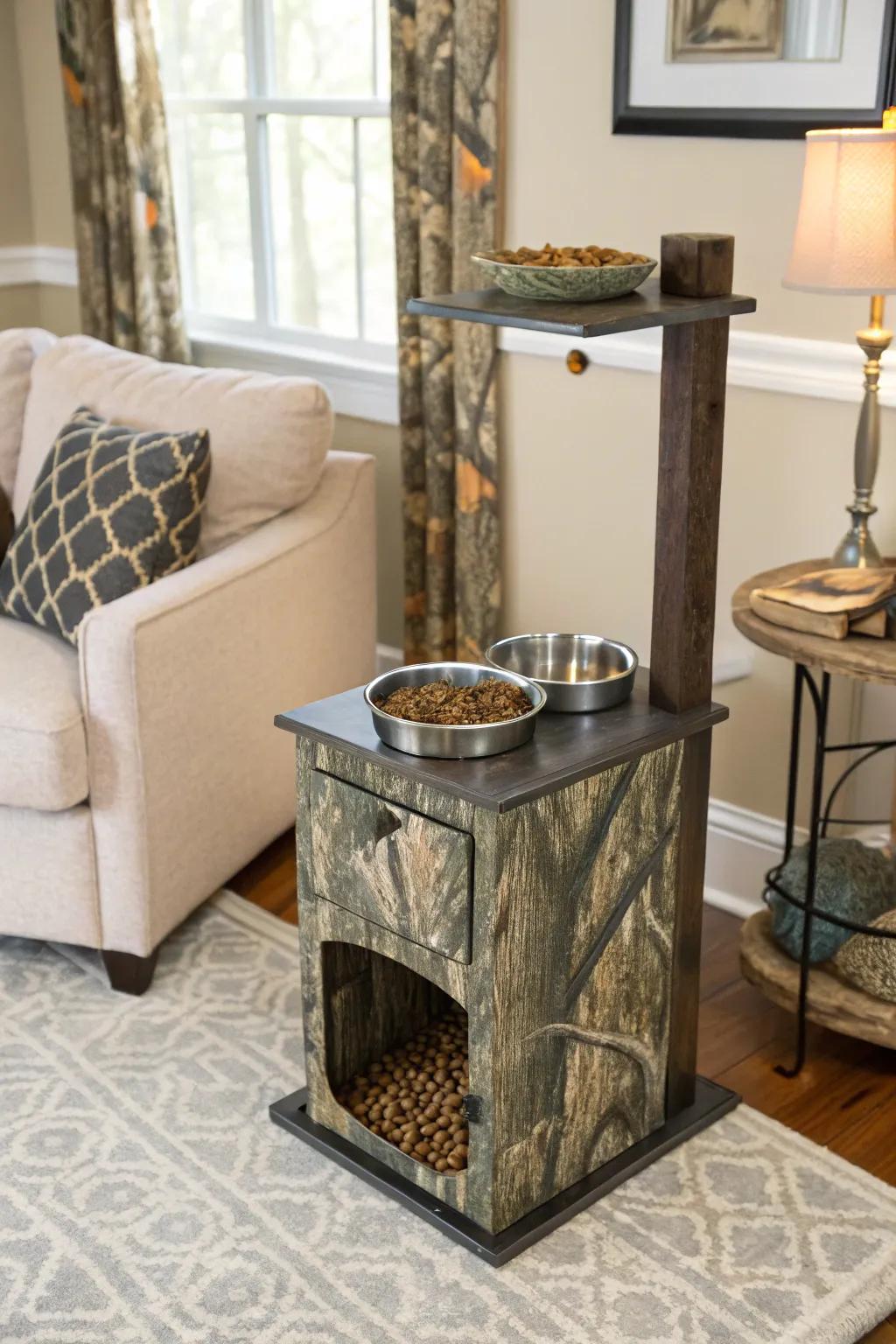 Add your cat's dining area into your home's design.