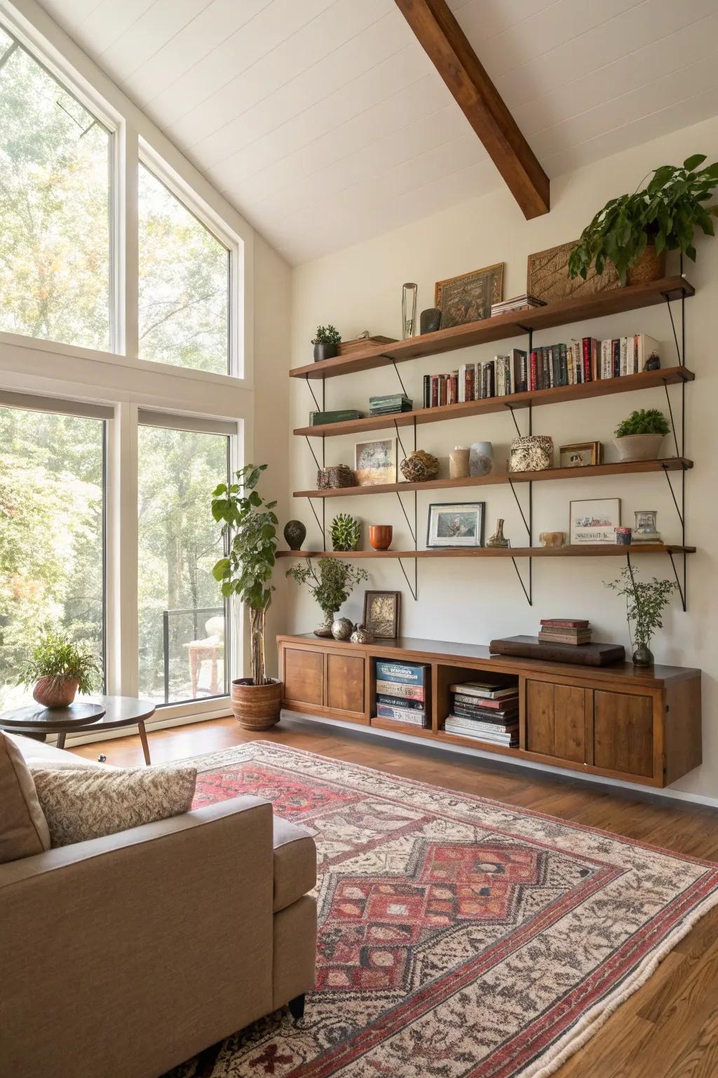 Floating shelves provide fashionable storage and display options.