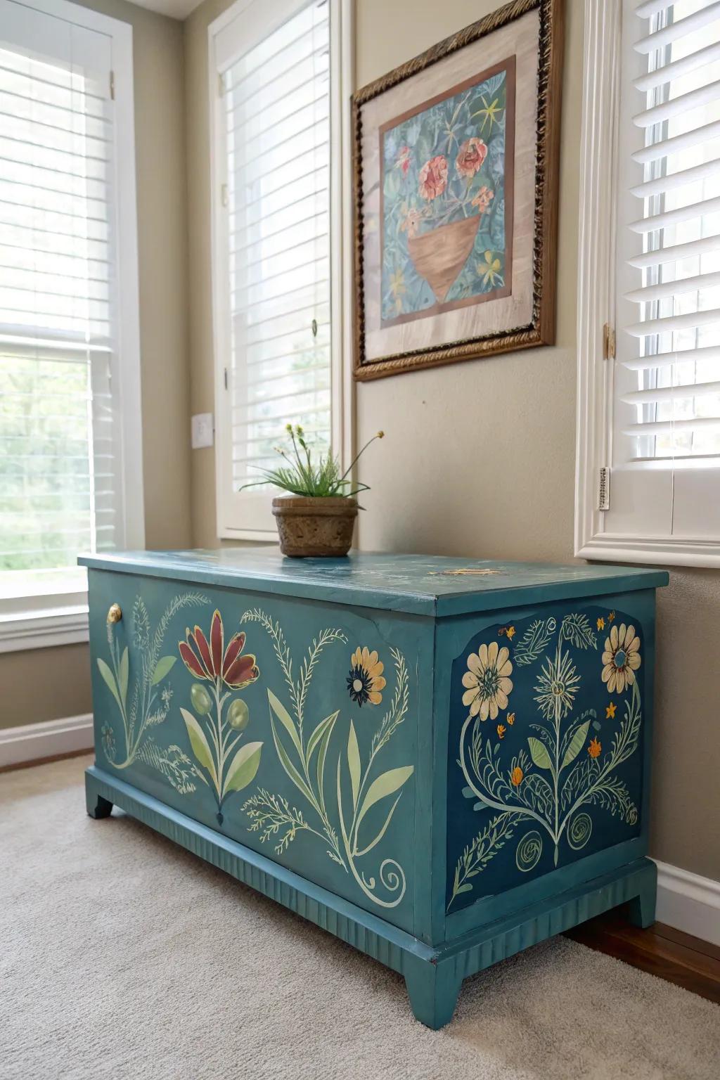 An antique storage chest with a creative paint artwork becomes a striking art piece.