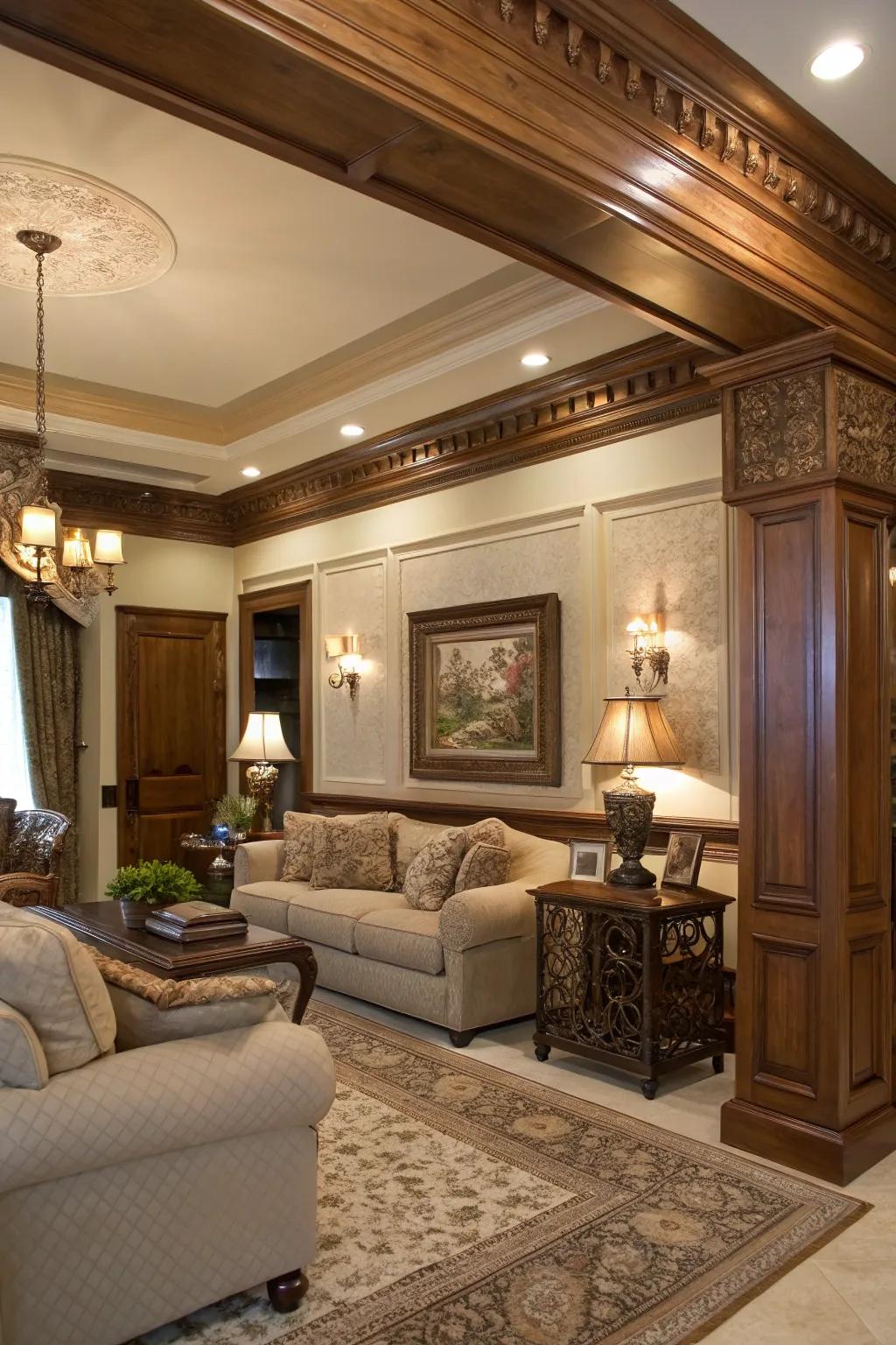 Incorporate warmth and sophistication via tinted timber crown trim.
