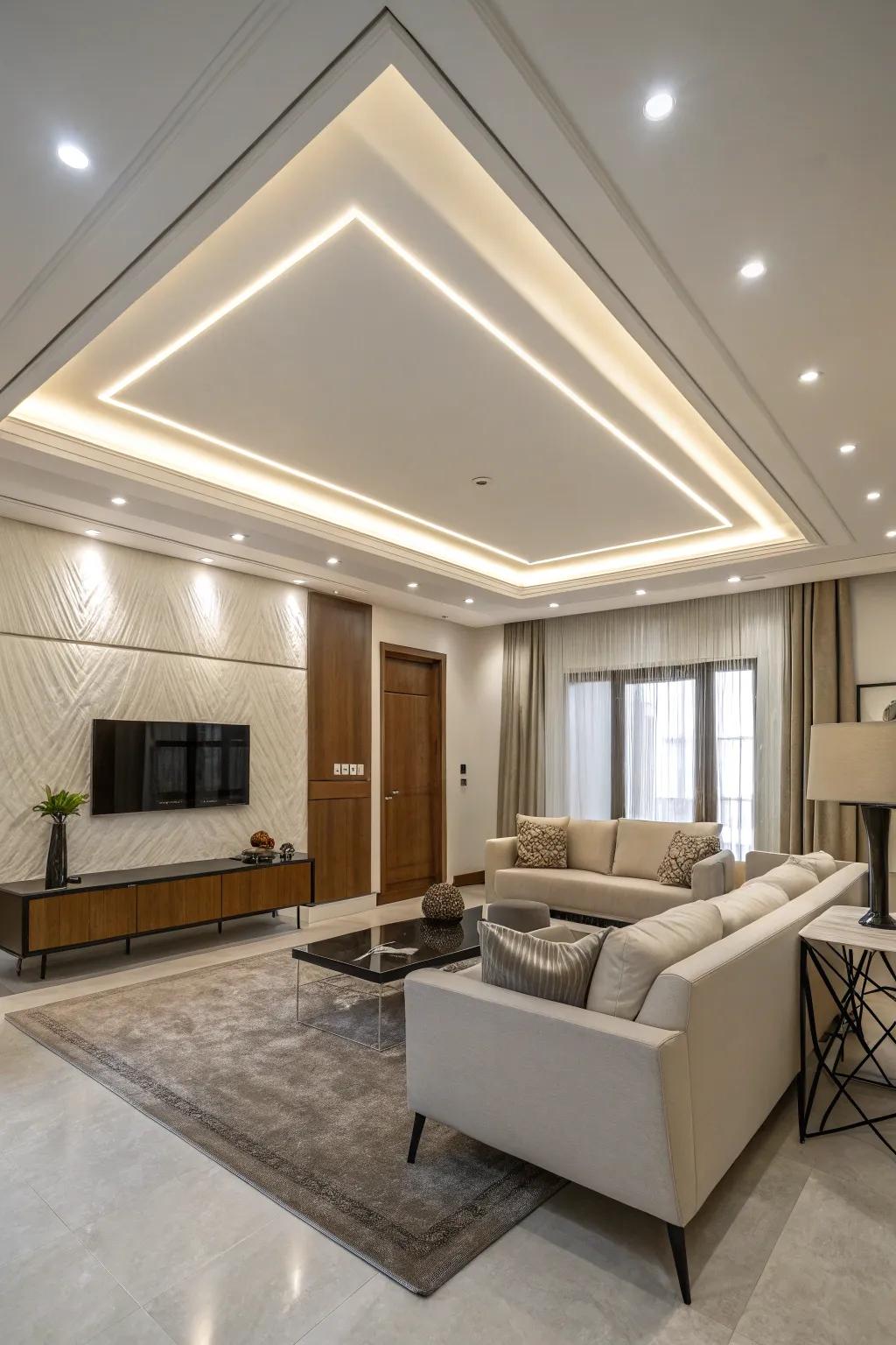 A room with recessed lighting that enhances the ceiling design.