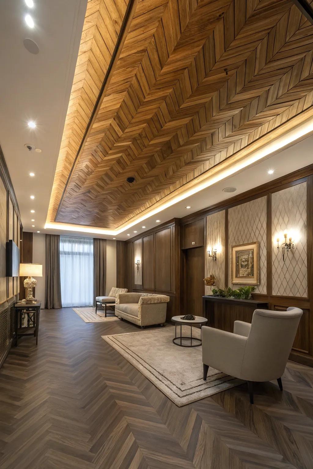 Artistic flair with a zigzag wood ceiling.