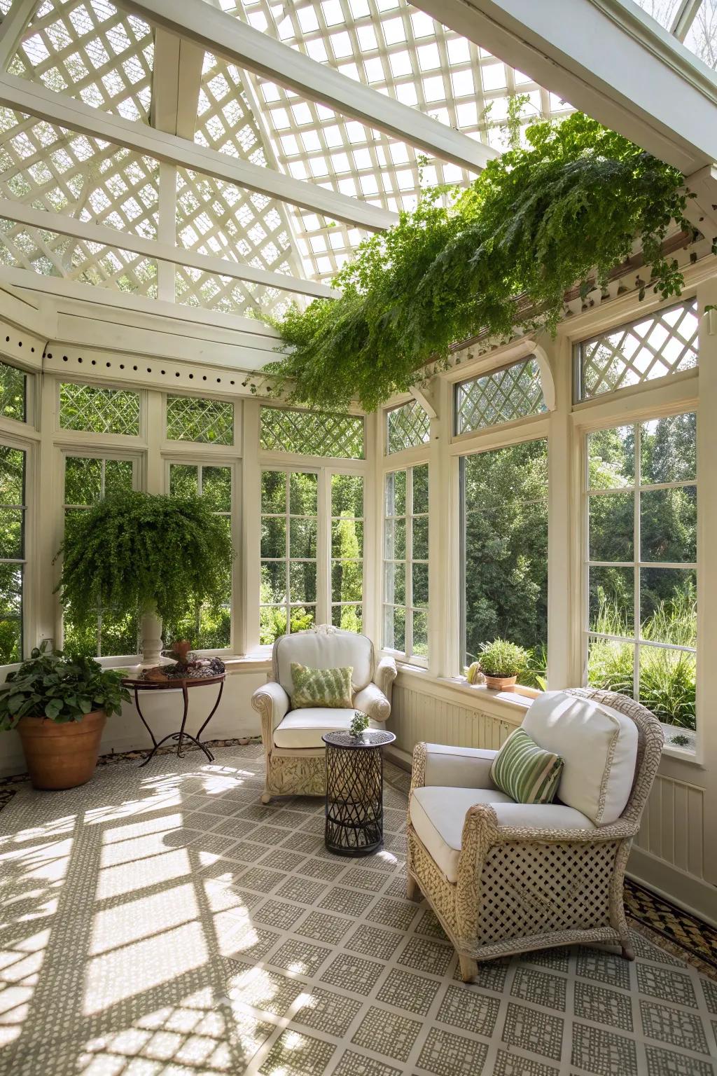 Latticework ceilings incorporate a touch of garden-inspired allure.