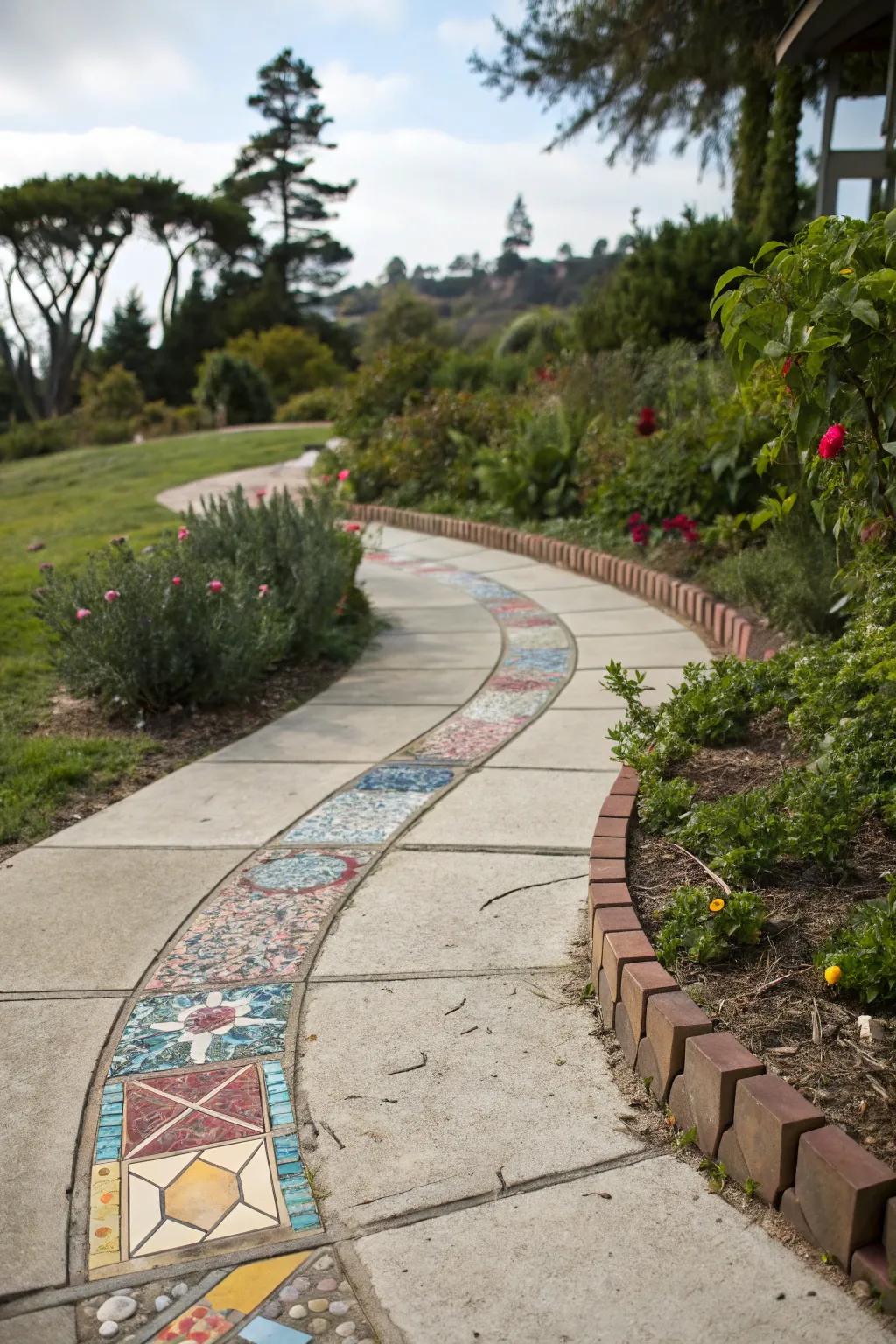 Mosaic tile highlights in a stone walkway for a splash of artistry.