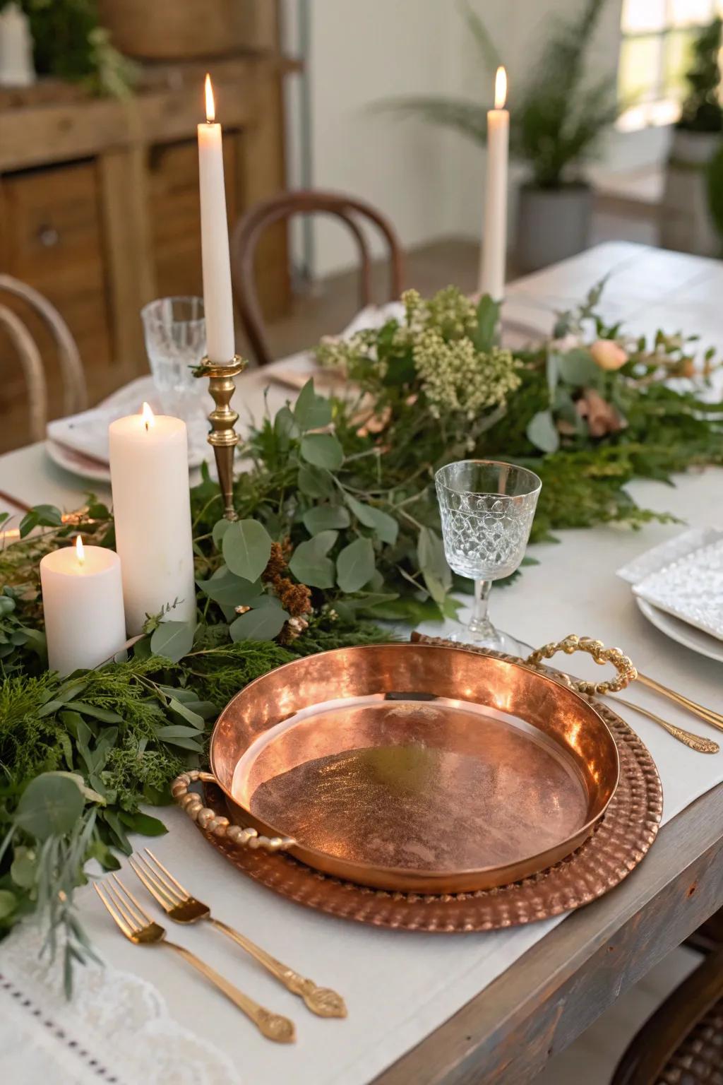Rustic warmth with a bronze salver centerpiece base.