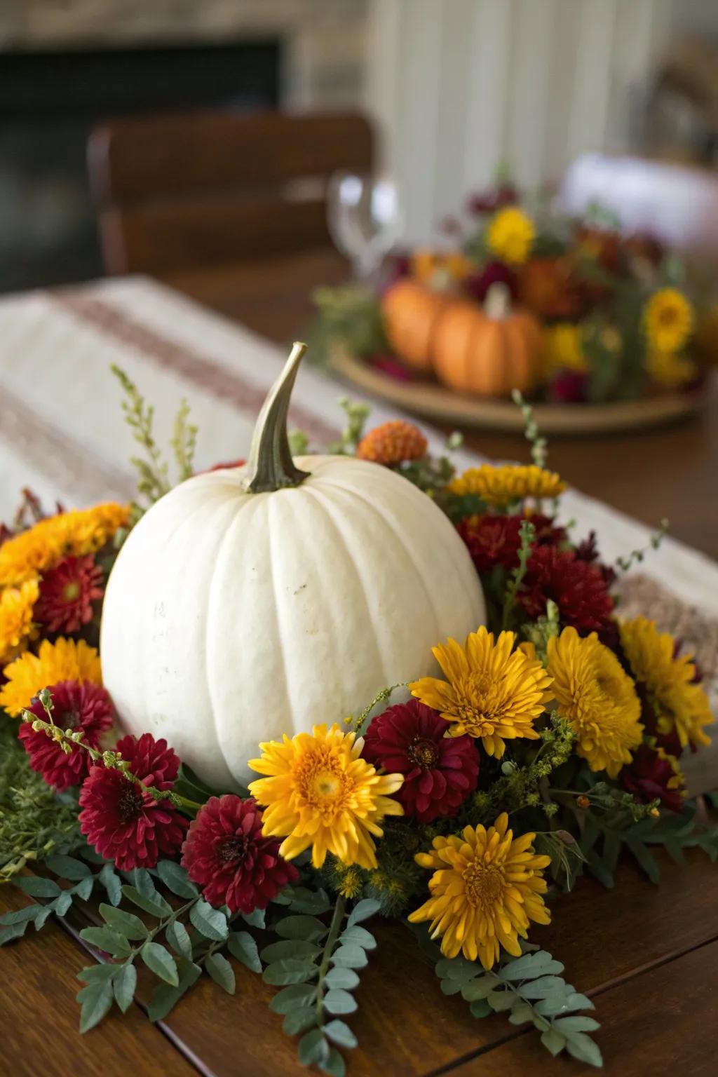 Snowy gourd centerpiece for a fall-themed bridal shower.