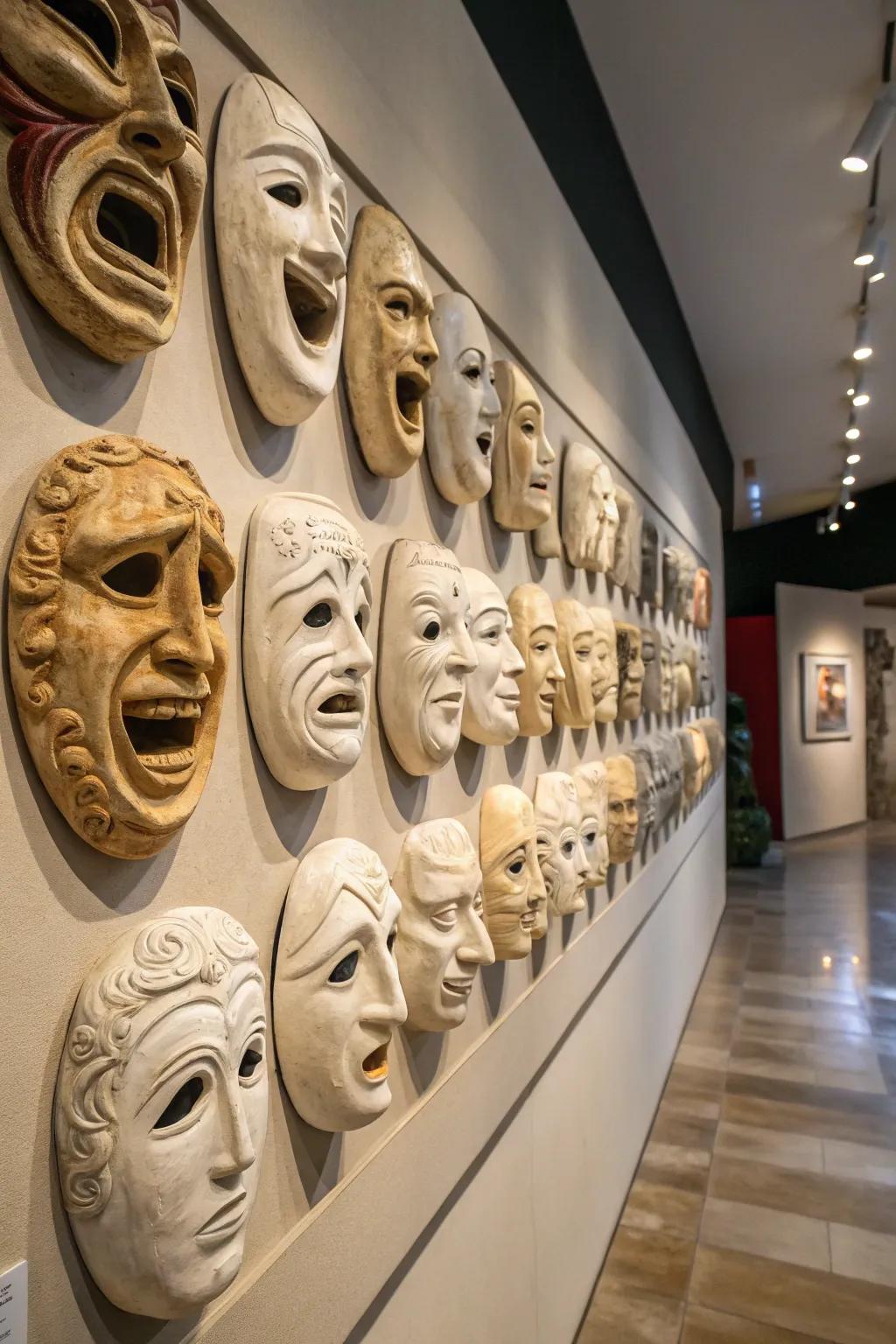 Dramatic ceramic masks add intrigue and expression.