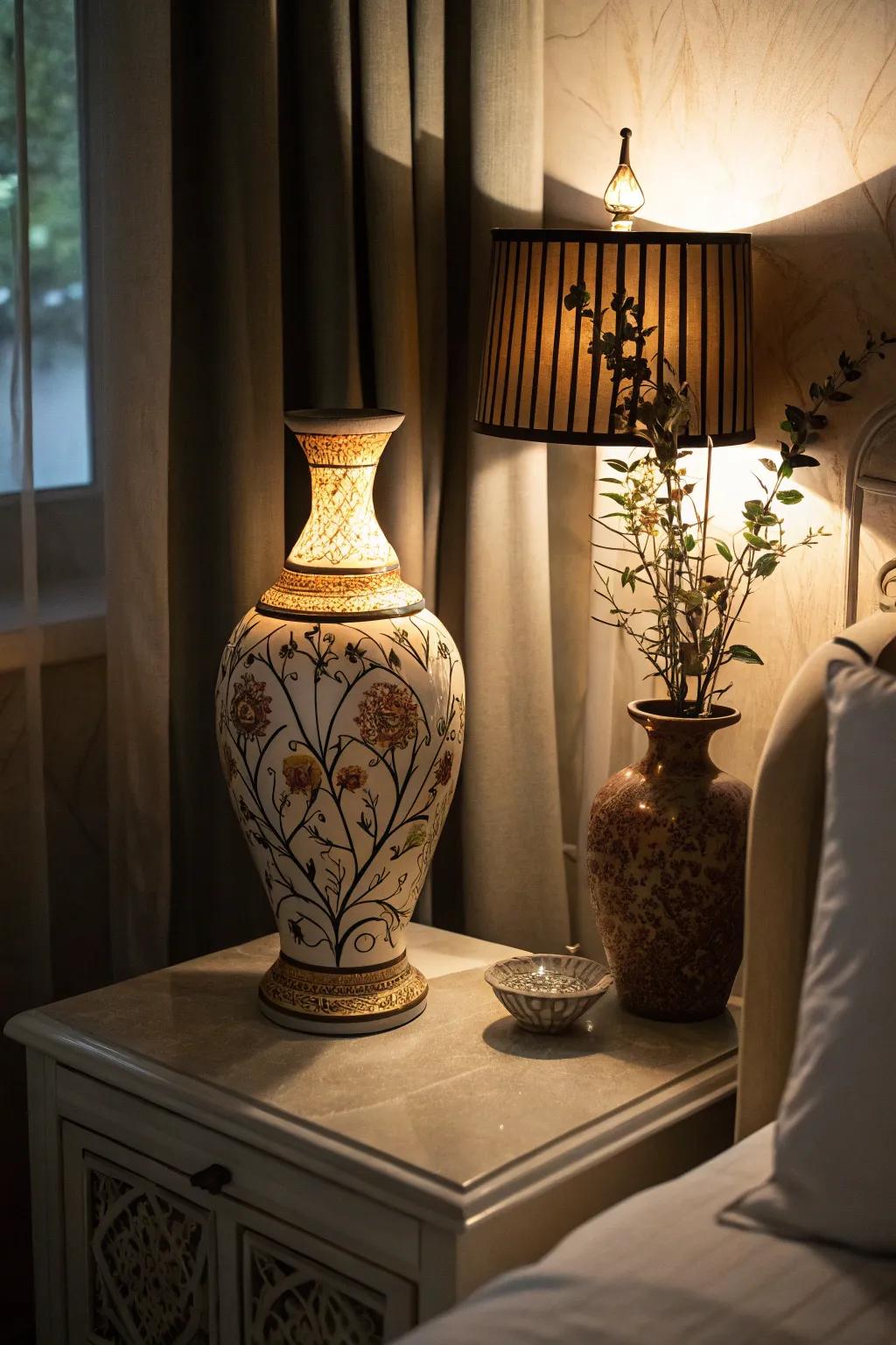 Lighting highlights the elegance of the ceramic vase in the room.