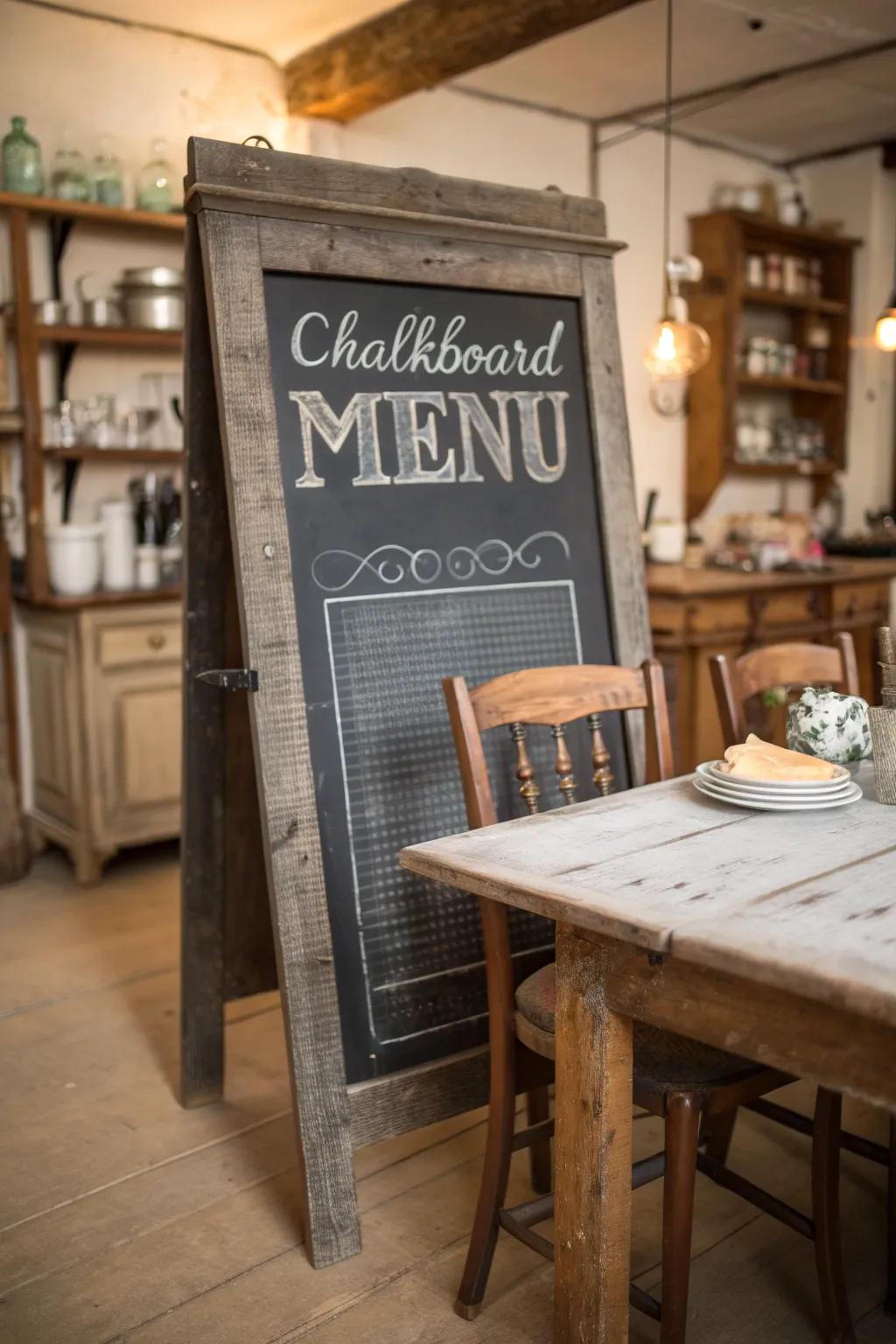 A classic-style chalkboard menu adds nostalgic warmth to this kitchen.