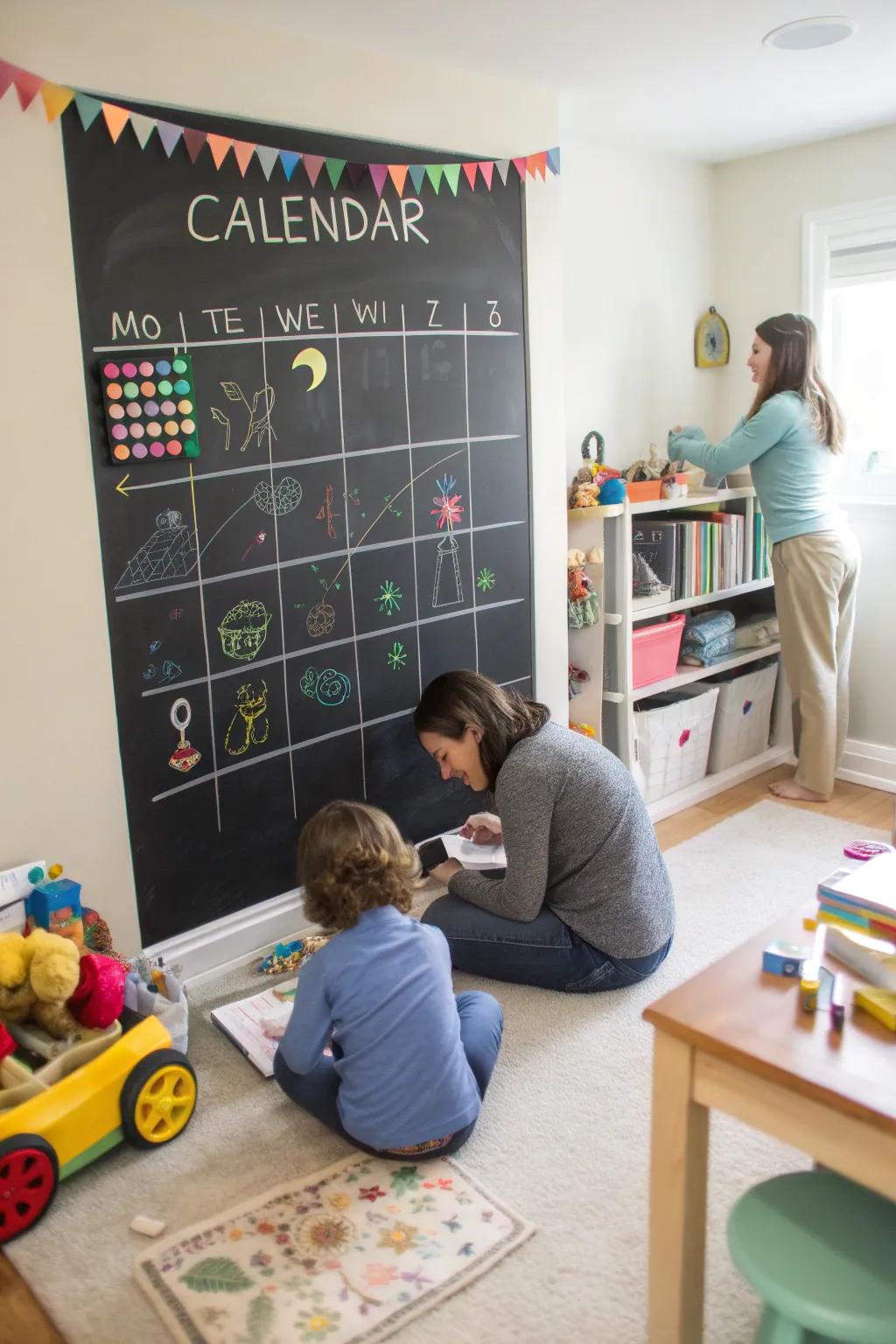 A chalkboard schedule helps teach organization.