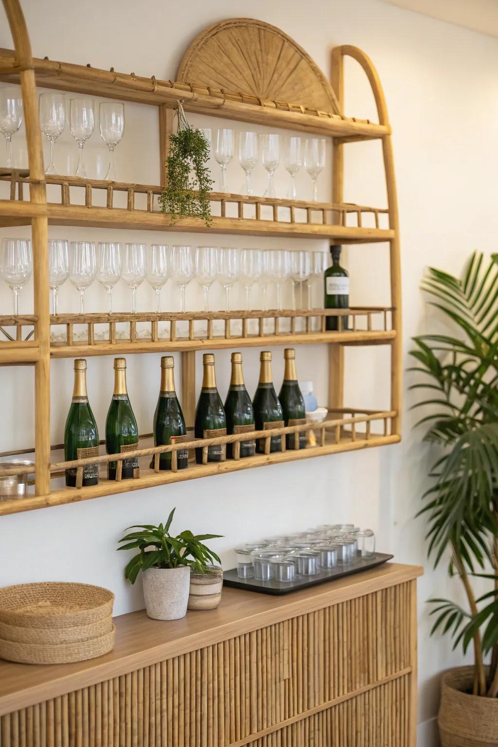Eco-friendly bamboo shelves on a sparkling wine station.