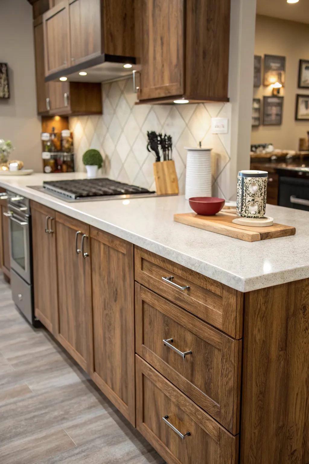 Fashionable kitchen with poly film surfaces.