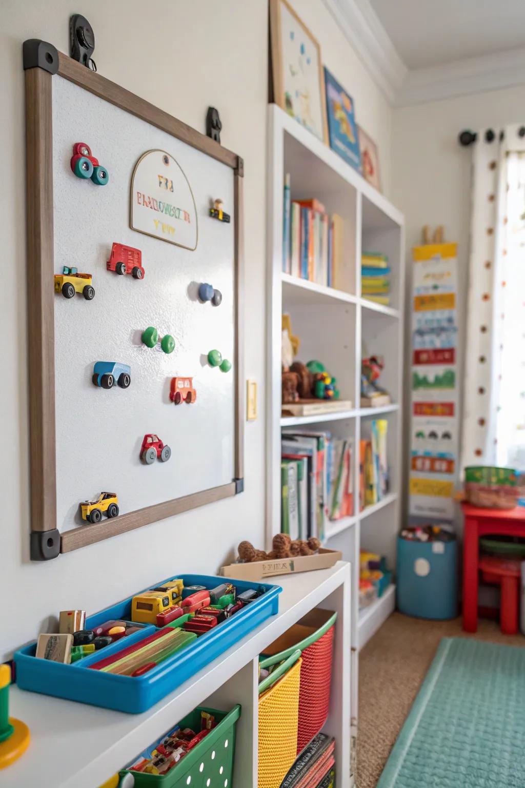 Magnetic boards add interactive stowing solutions.