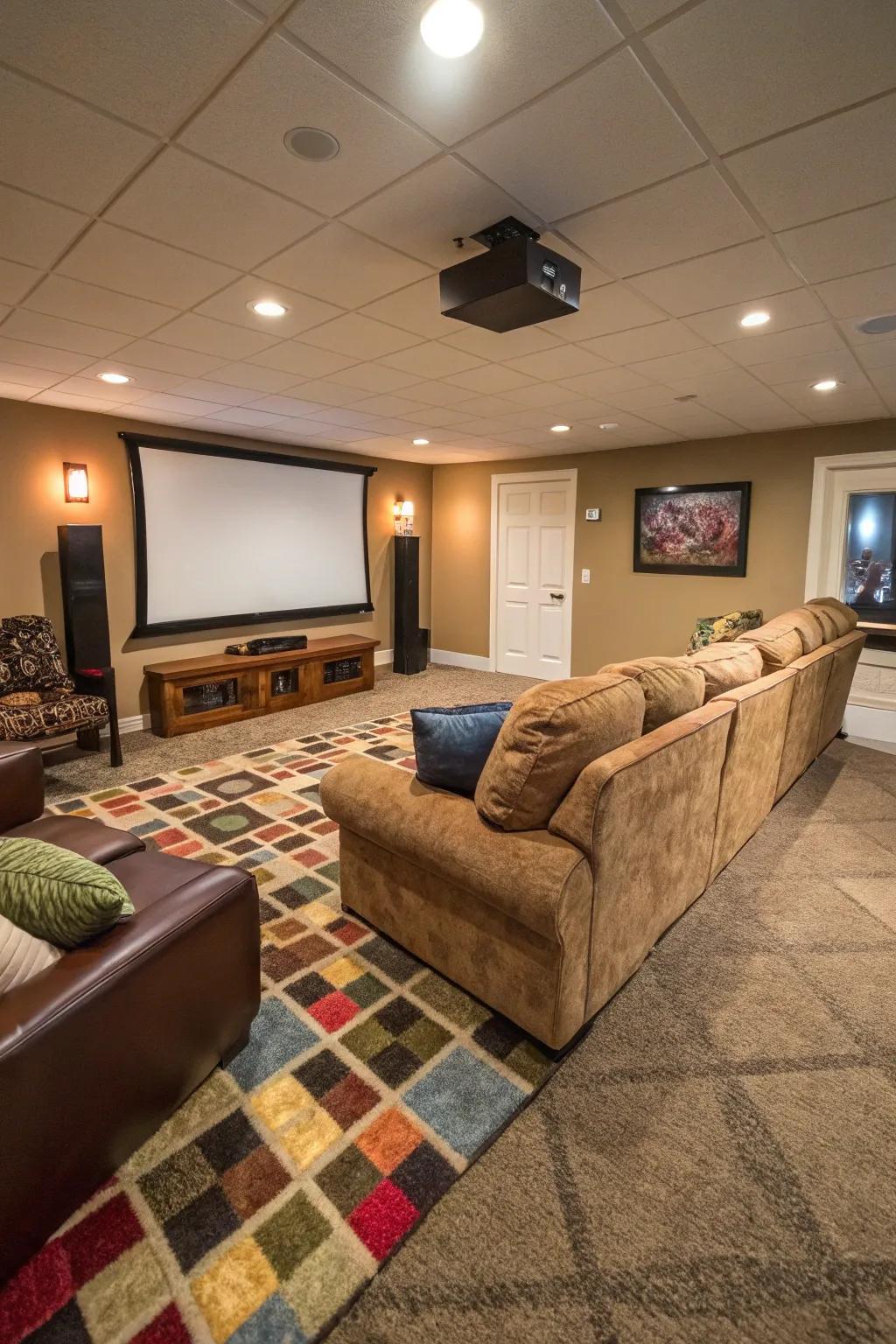 Peel-and-stick carpet squares provide a cozy and easy-to-fit option for basement media rooms.