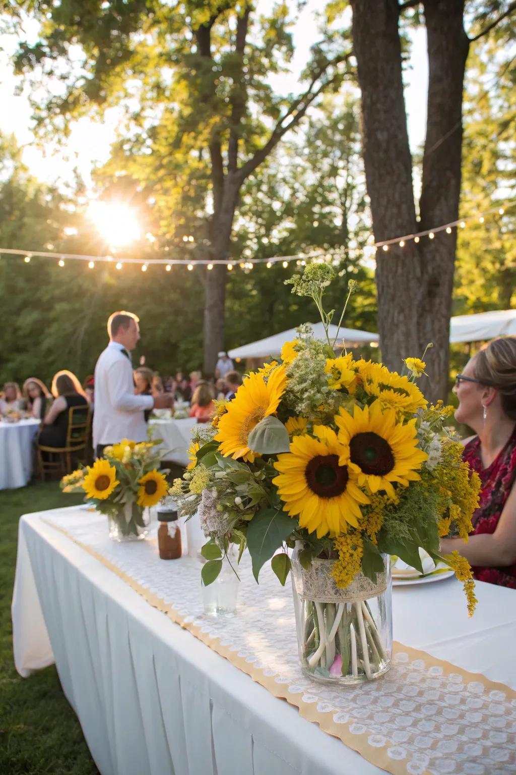 Sunflowers bringing vibrancy and economy to a summer wedding.