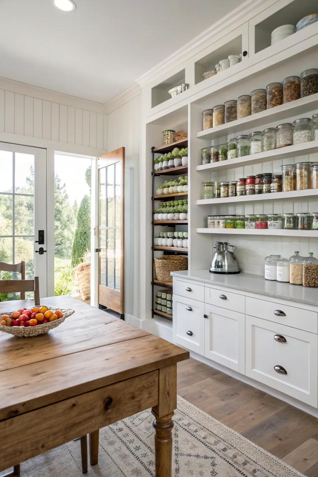 A walk-in pantry that offers ample storage and organization.