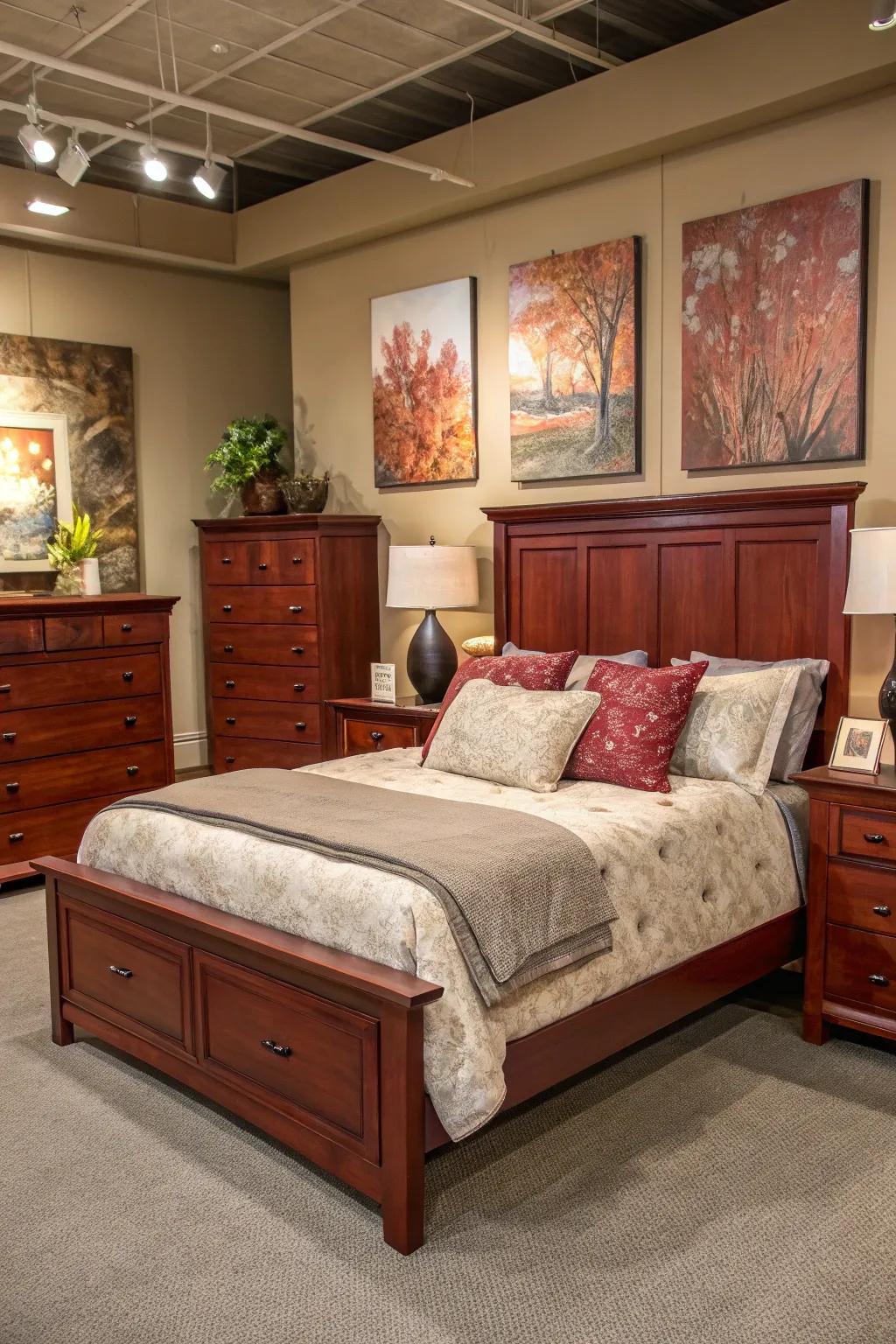 Art pieces adding personality to a maple hardwood bedroom.