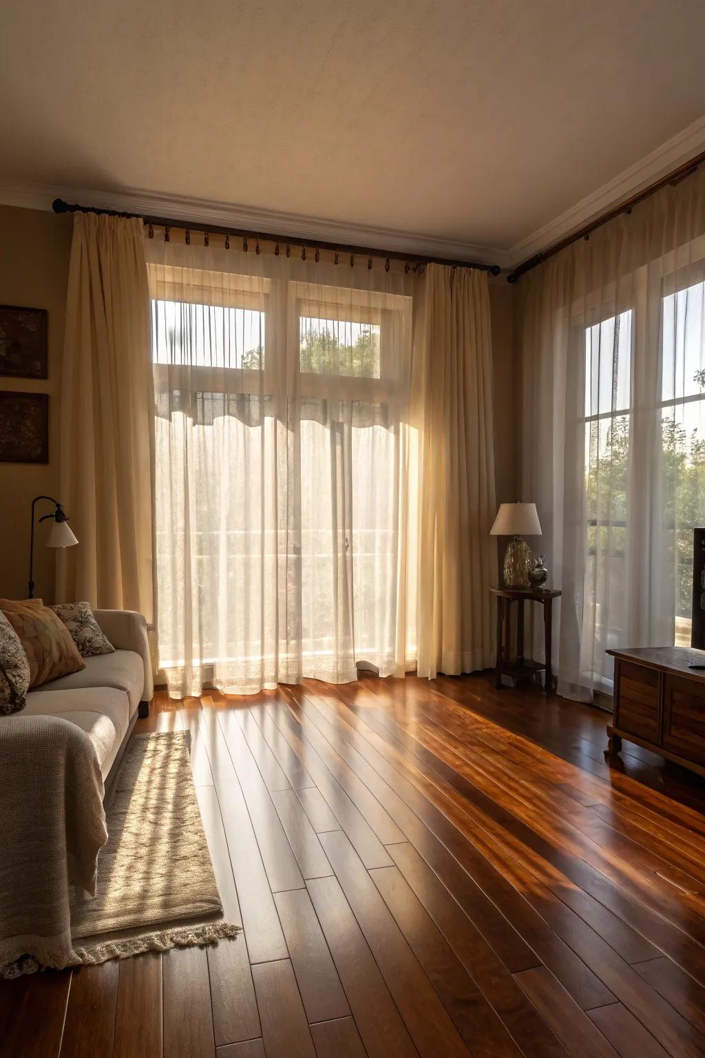 Airy window treatments sustain a bright and breezy atmosphere.