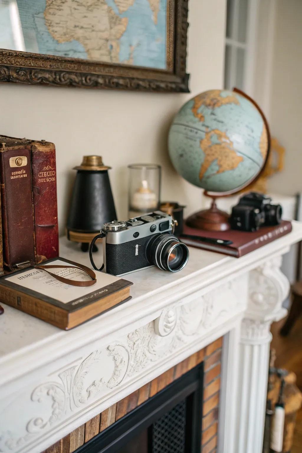 An extensive compilation shown on the mantel reflects personal style and pursuits.