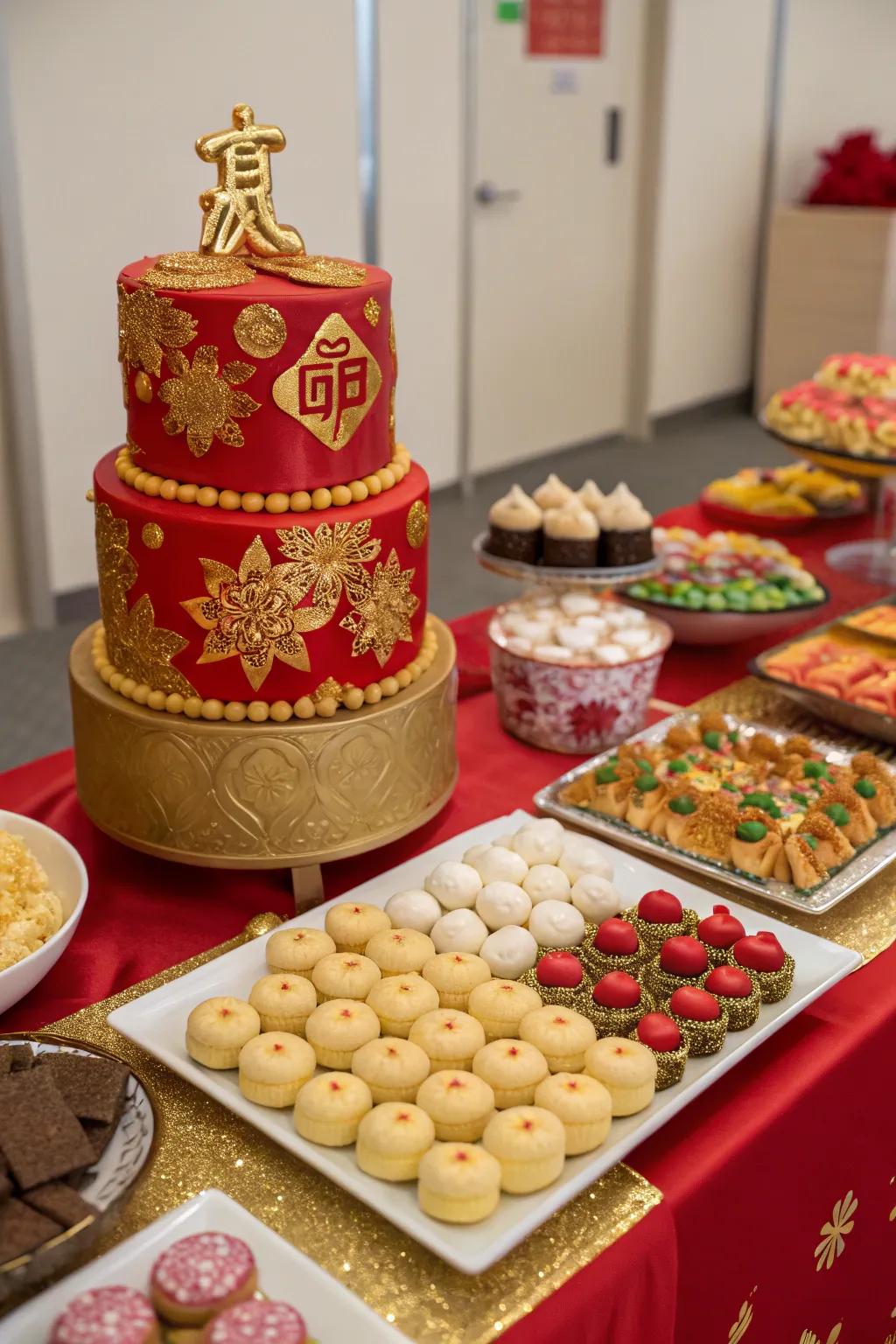 A delectable sweet treats display that presents a Chinese cultural twist.