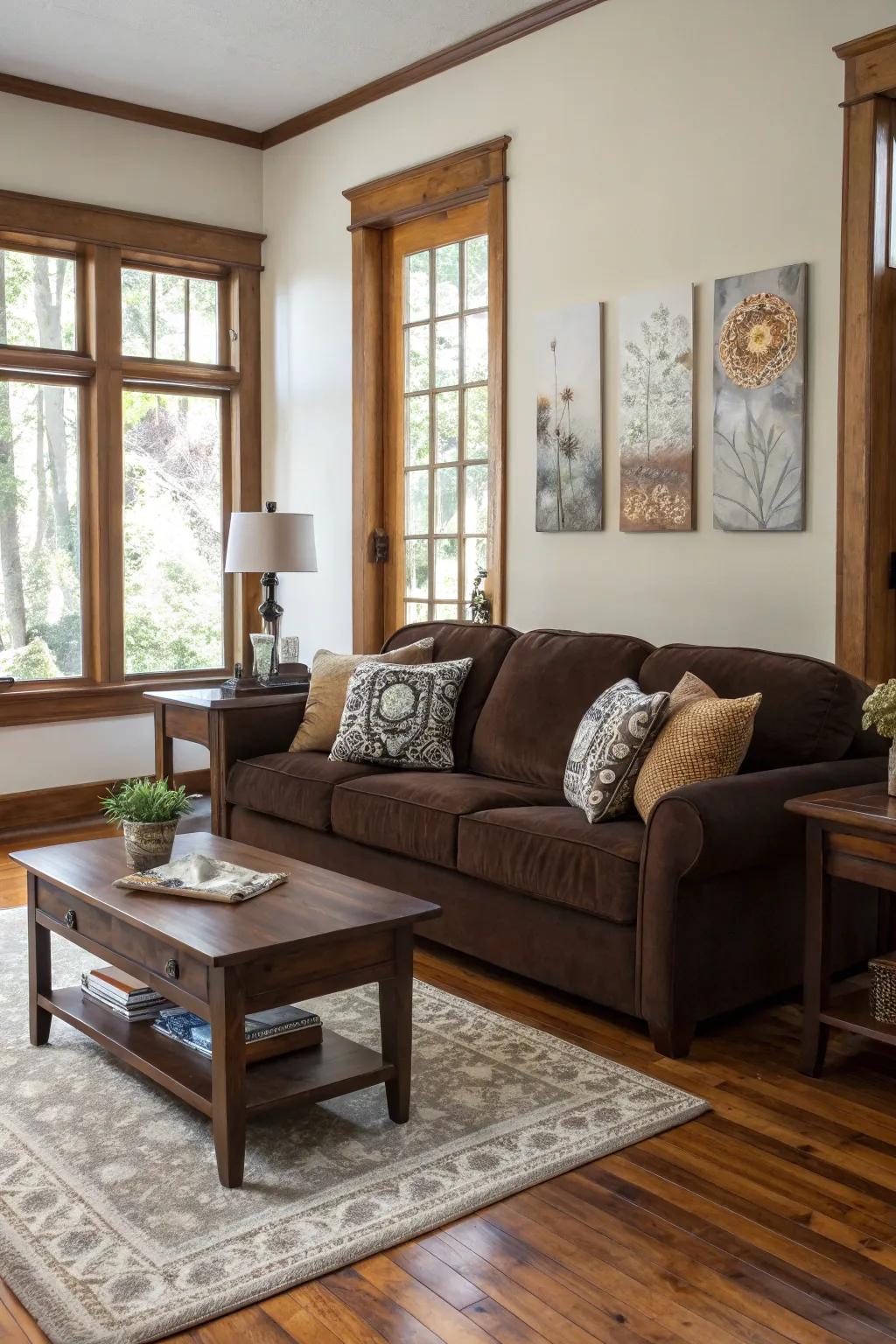 Classic and contemporary features harmonize around a cocoa sofa.