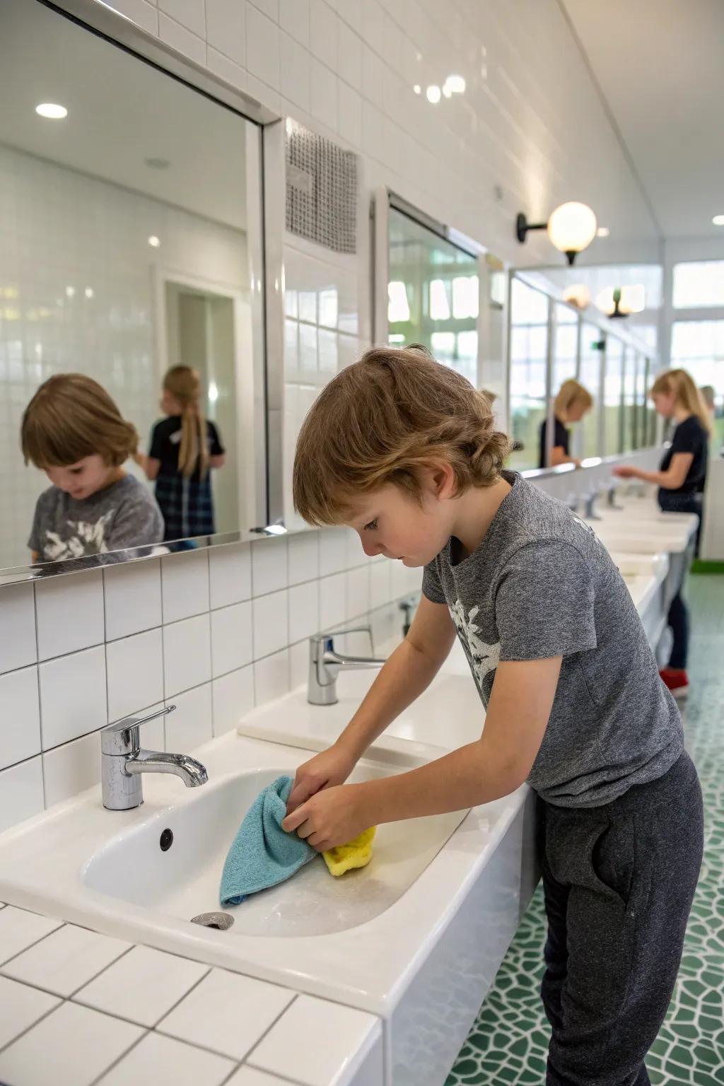 A child contributes to maintaining a clean bathroom.