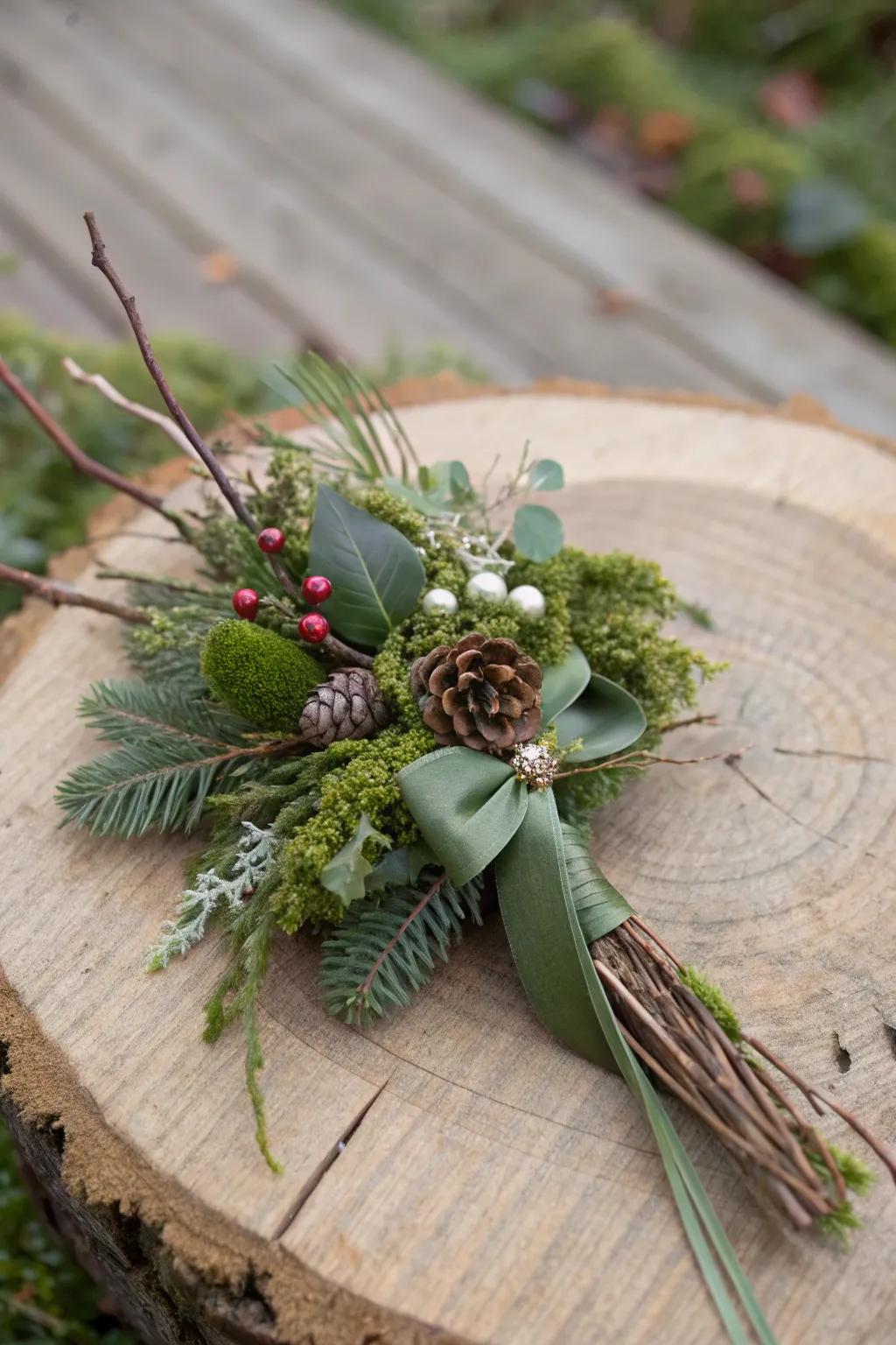 A woodland-inspired Christmas corsage showcasing moss and twigs.