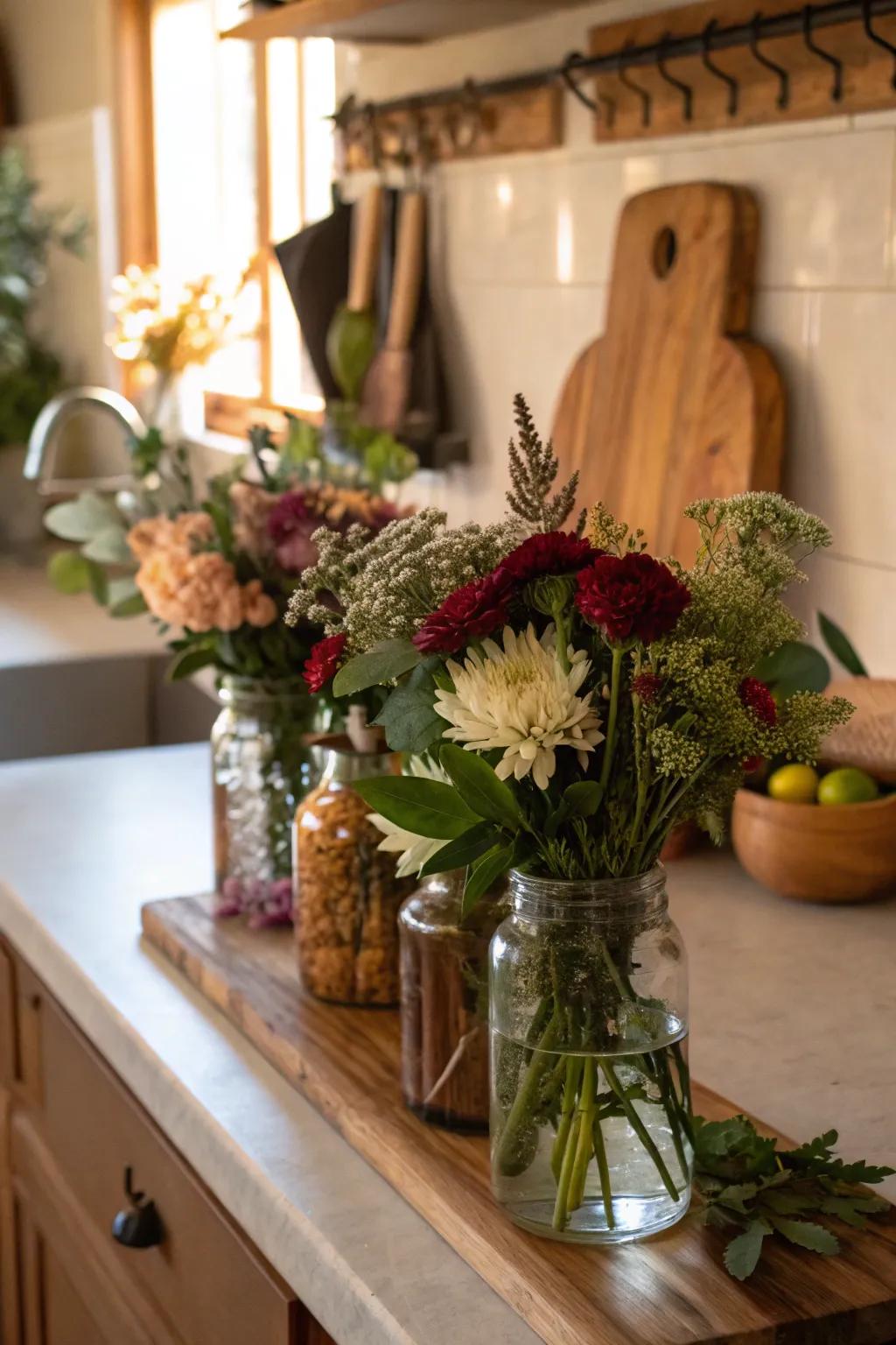 Simple jars filled with blooms add a natural charm to any space.