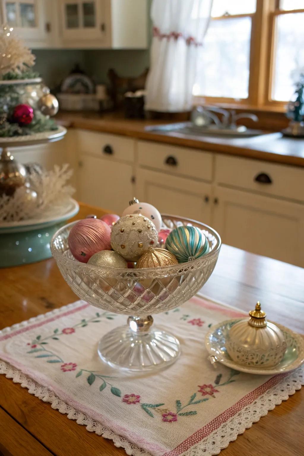 Vintage ornaments bring nostalgia and charm to the kitchen decor.