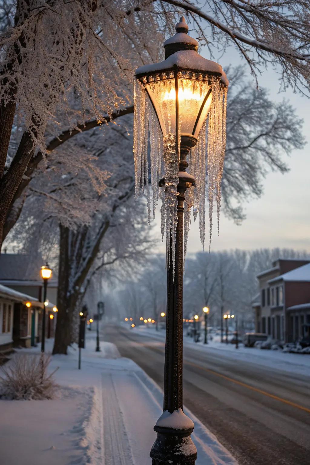 Glistening ice segments inject an enchanting component to a lamp post.