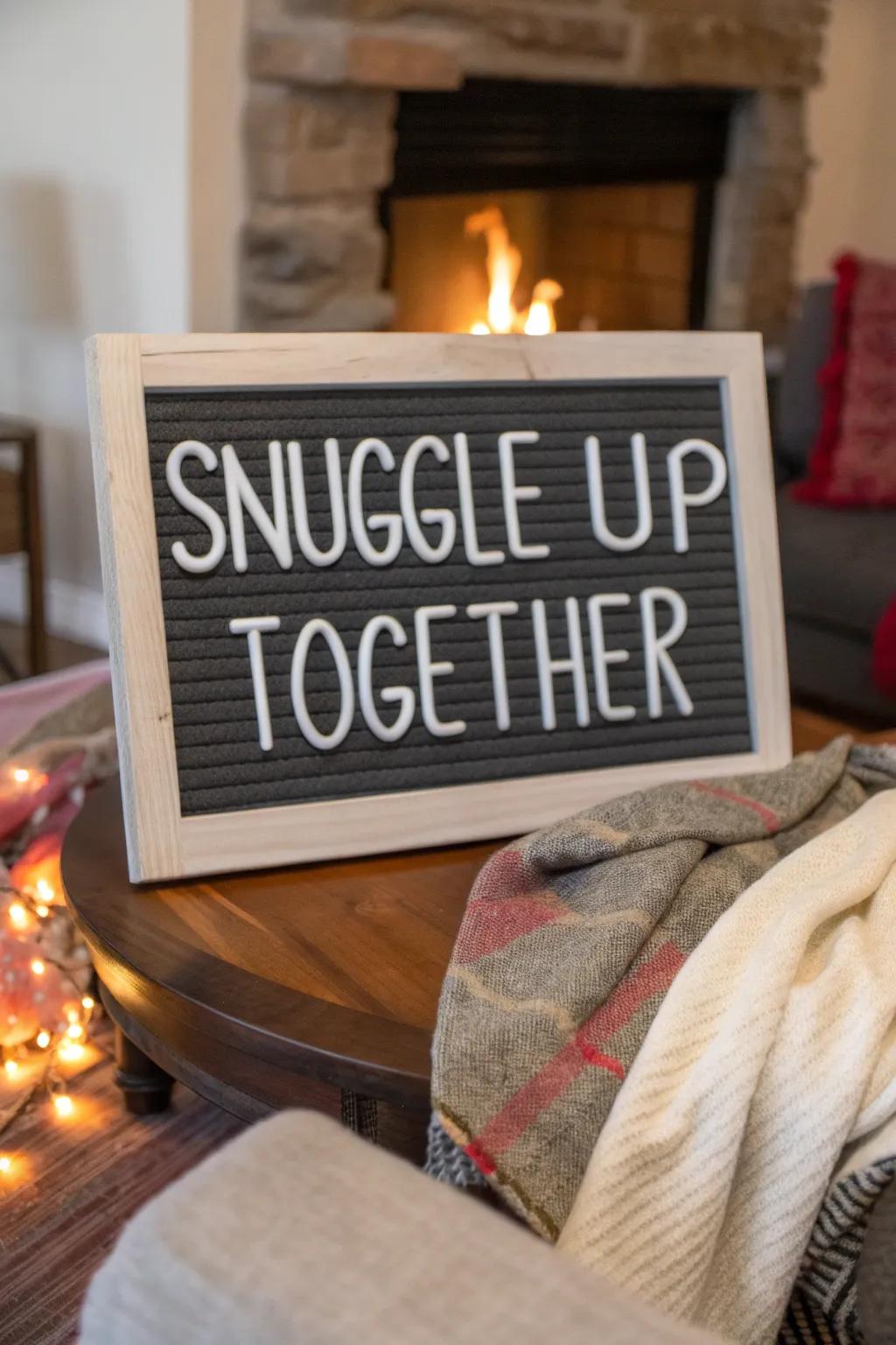 A message board inviting friends and family to nuzzle and enjoy the warmth.
