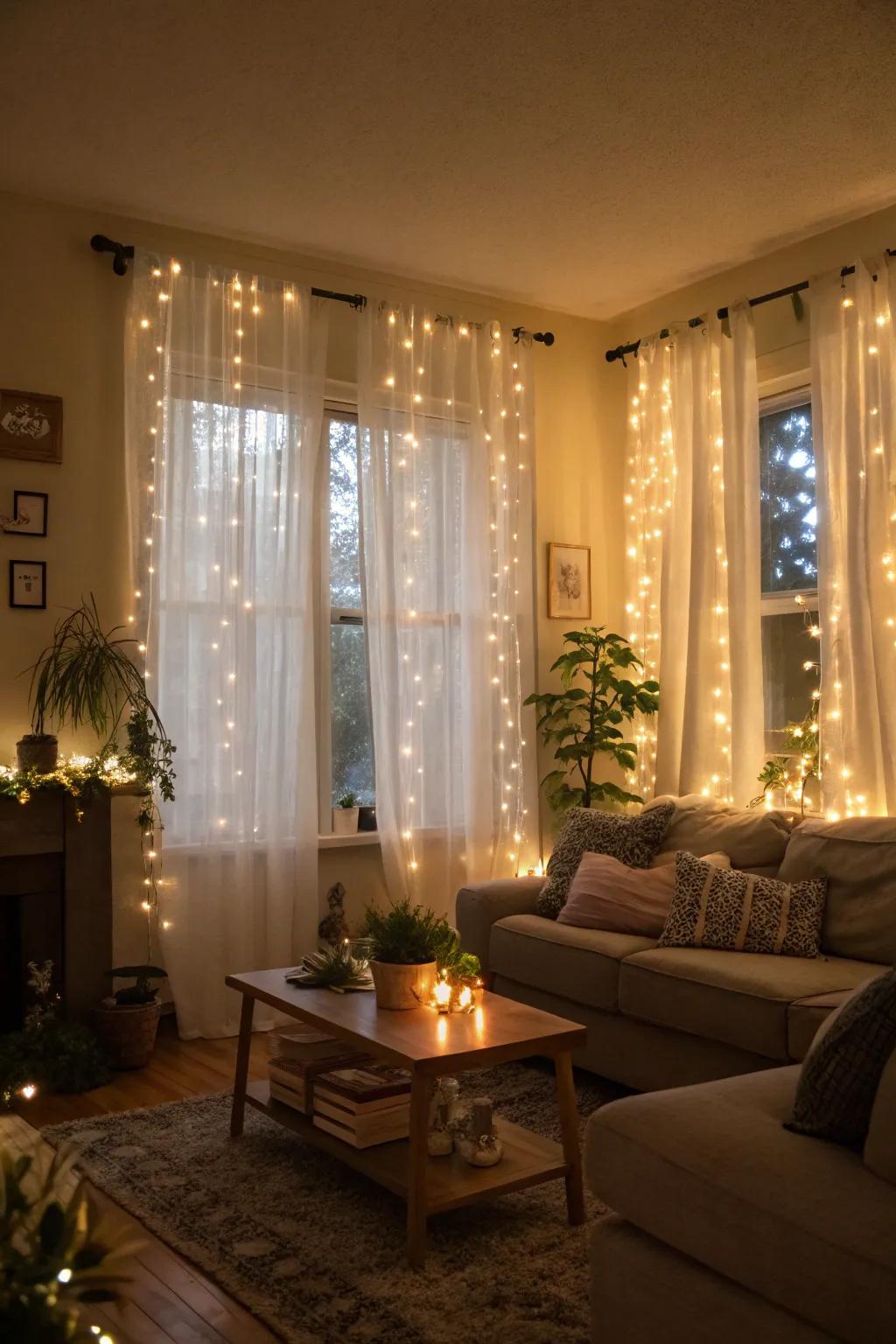 Waterfall lights adding a magical touch to the living room.