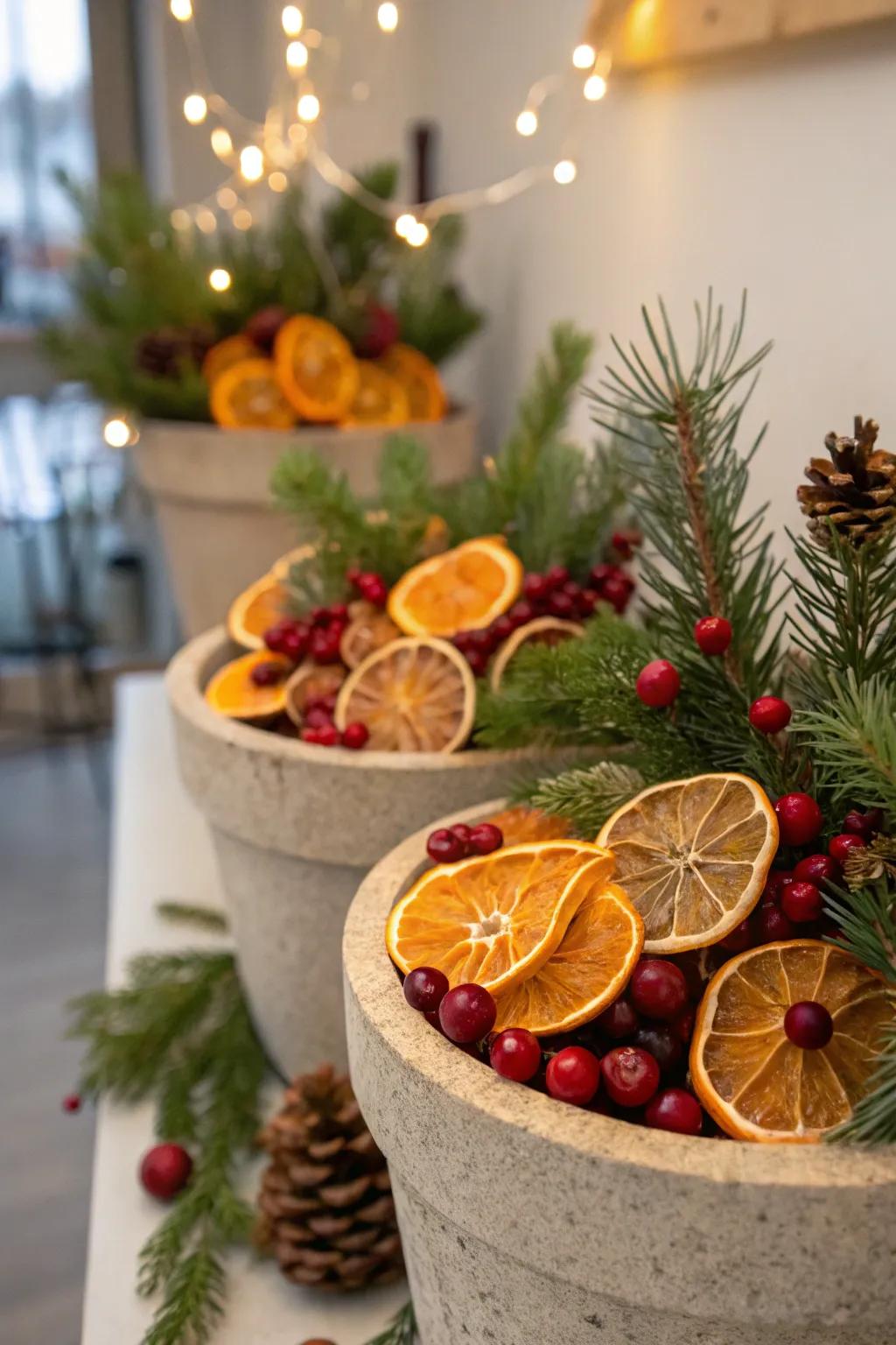 Desiccated citrus contributes a vibrant and conventional accent.