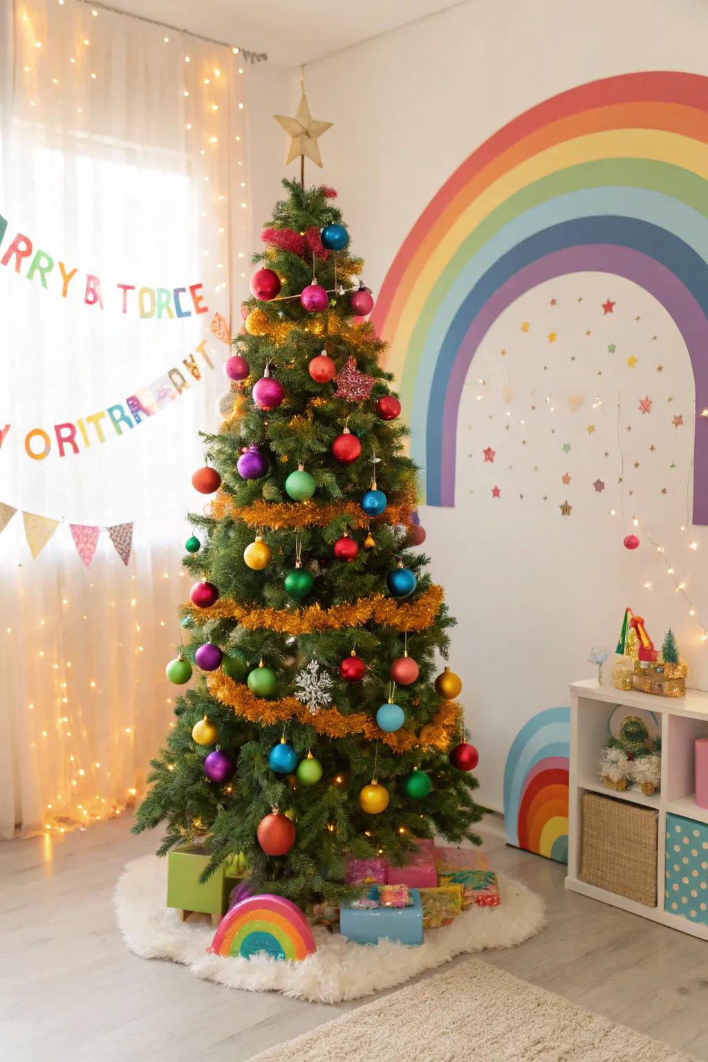 A rainbow explosion theme adds vibrant joy to your festive decor.