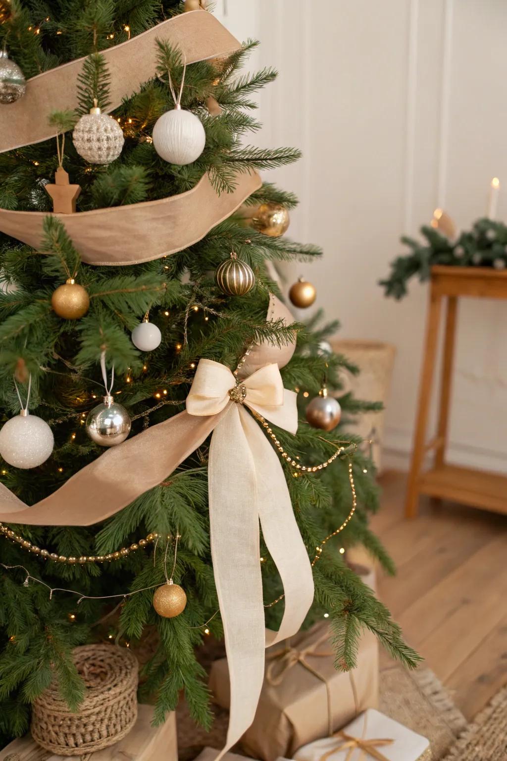 A Christmas tree showcasing eco-conscious ribbons, displaying sustainable elegance.