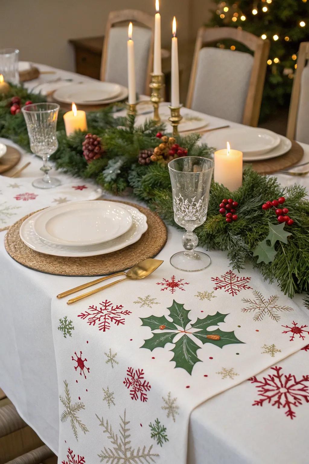 Celebratory covers add holiday cheer to the table.