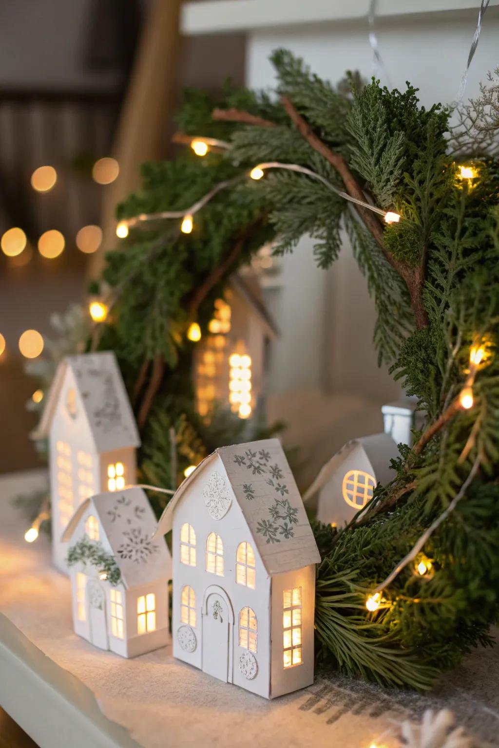 An enchanting paper village wreath with miniature houses and twinkling lights.