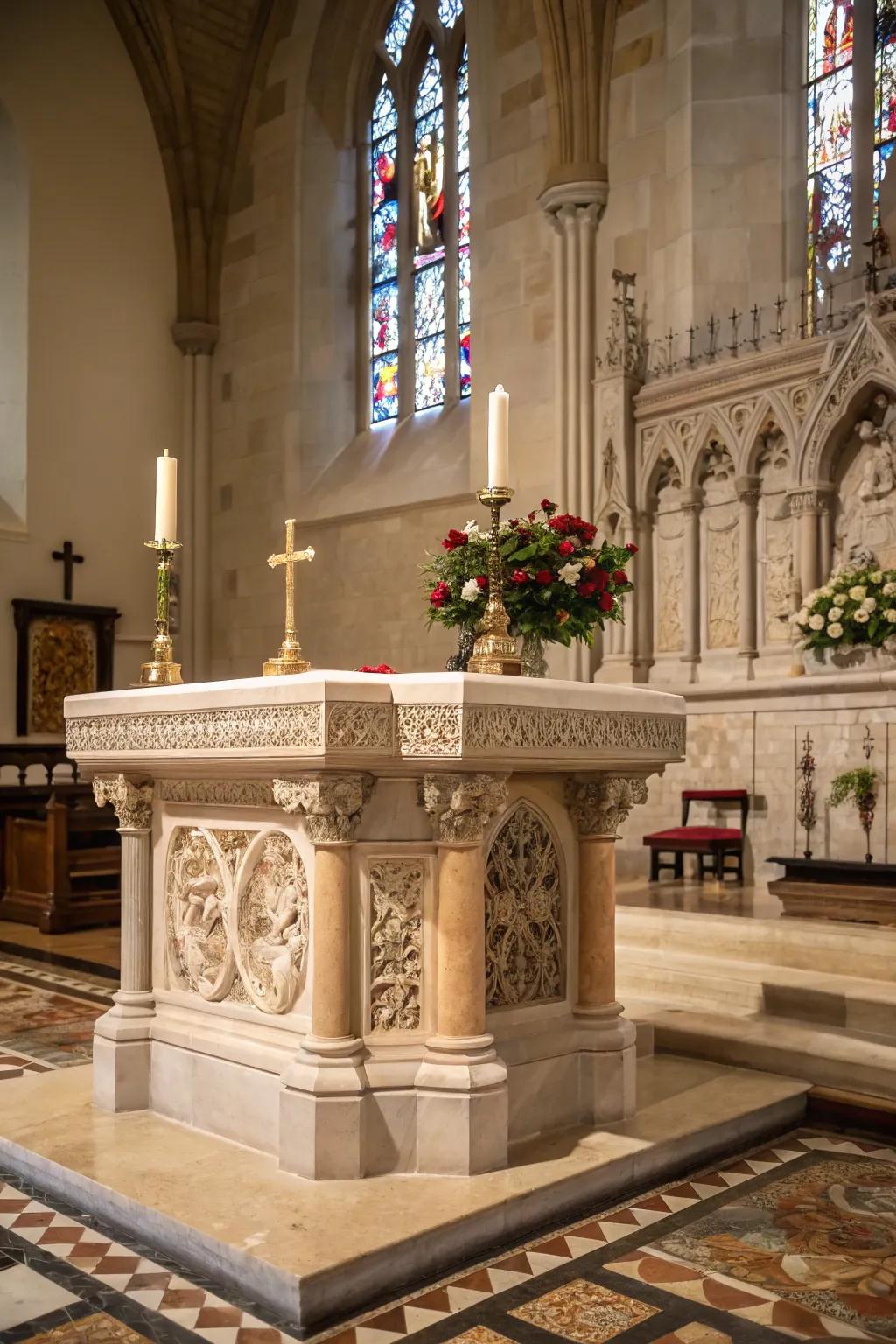 An altar featuring natural stone elements, adding a grounding and serene touch.