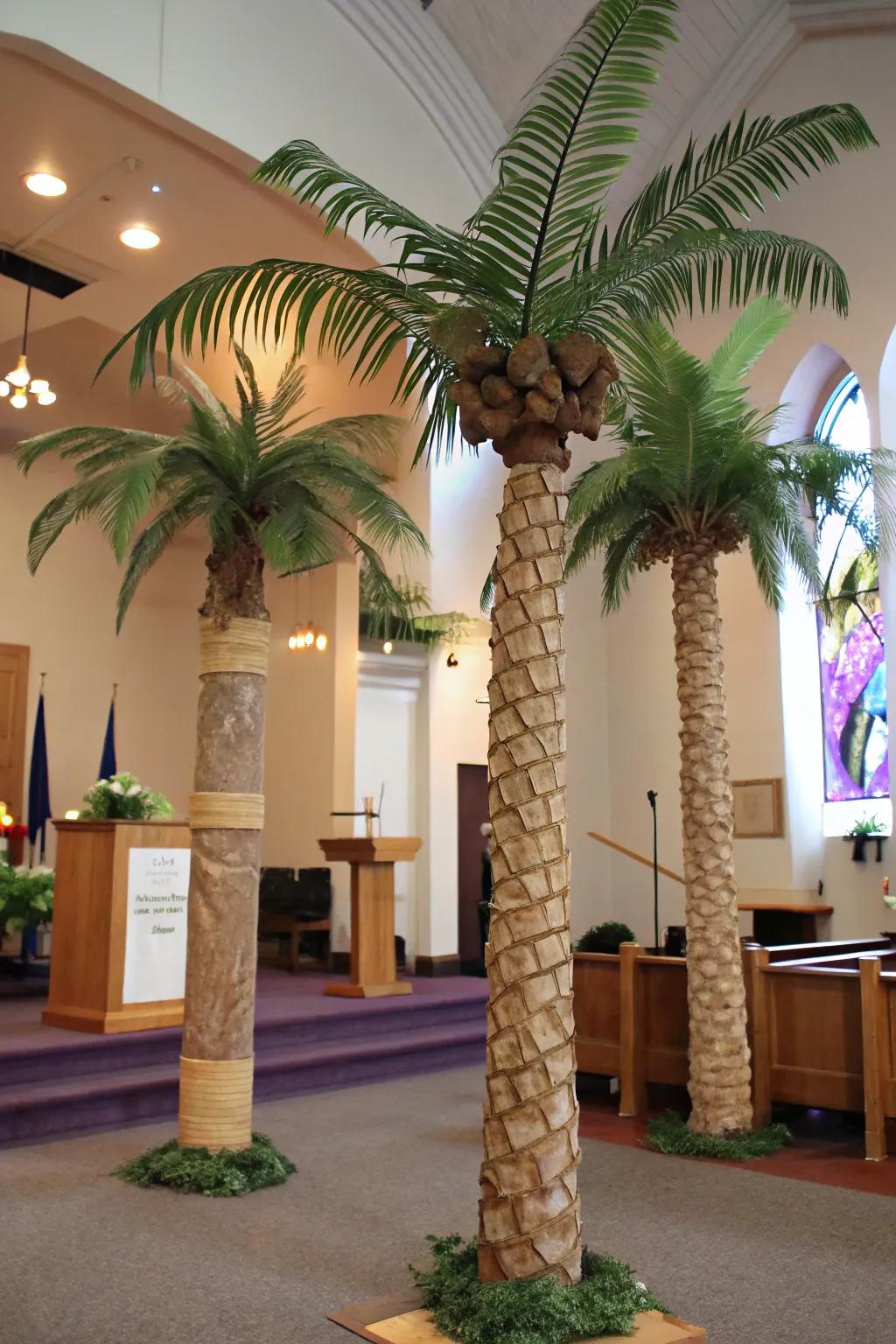 Support beams creatively transformed into faux palm sets.