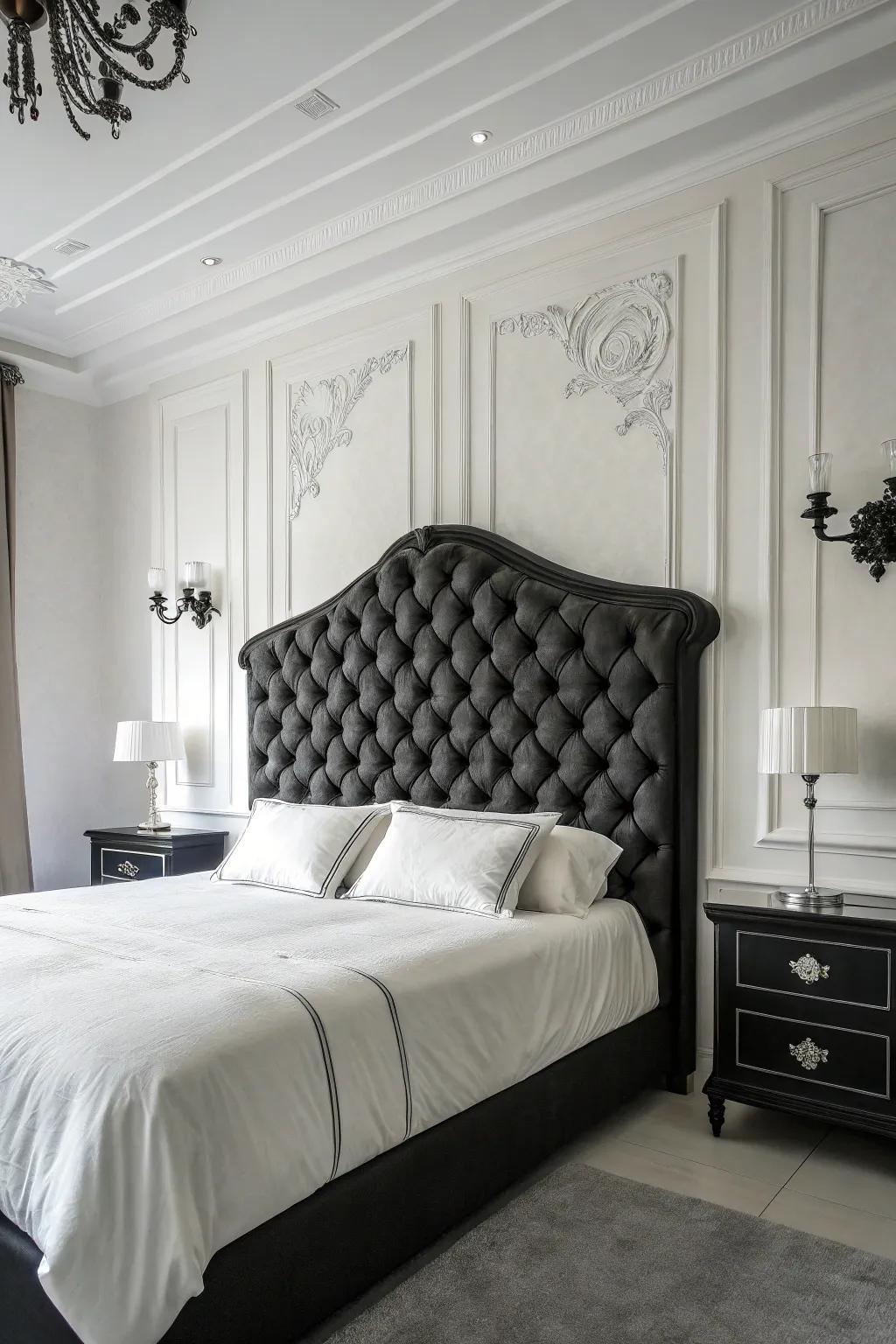 This fashionable space is enhanced with opulent elements by a distinctive headboard.