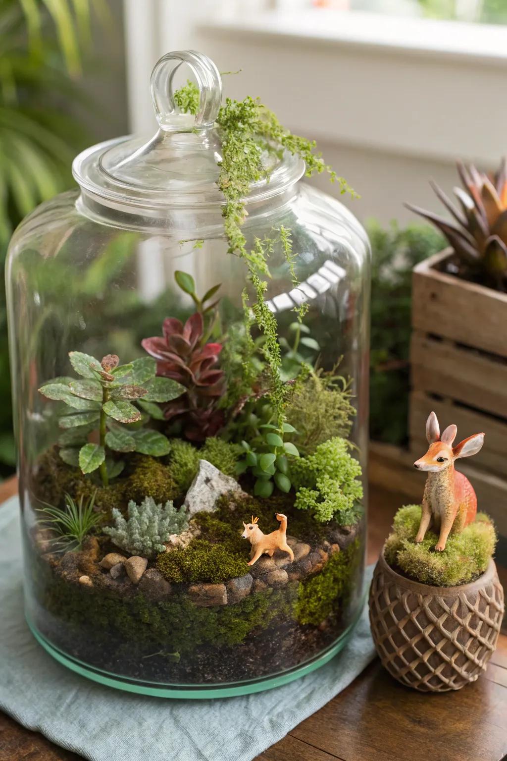 A terrarium with added flair, featuring playful miniature figures.