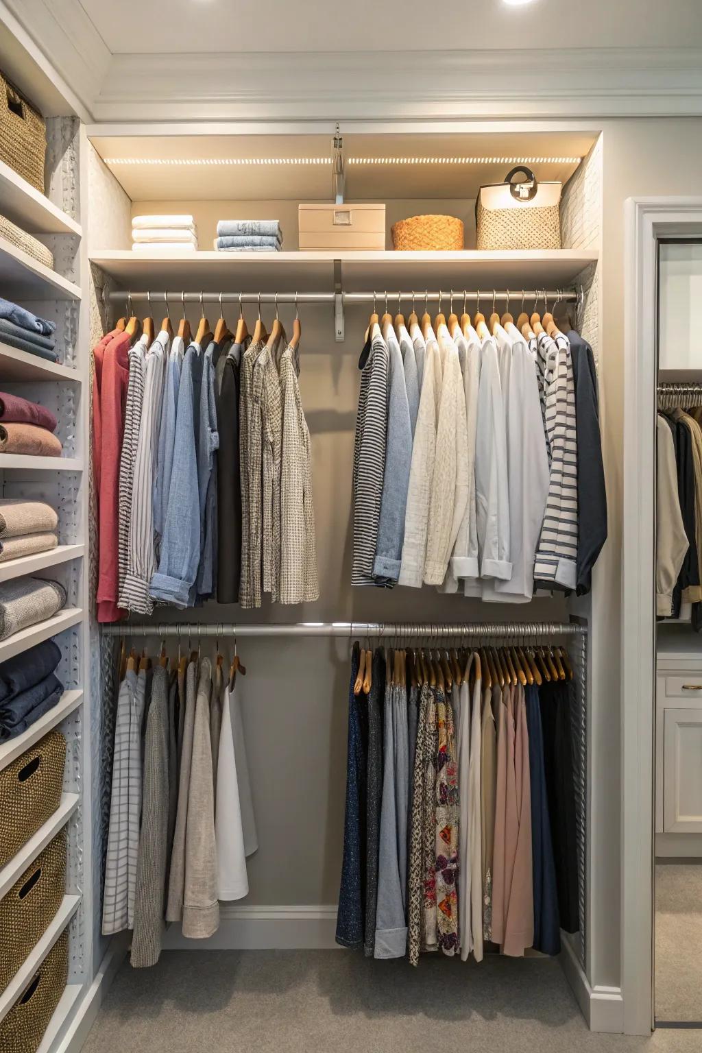 Multi-level rods organize clothing into clear, manageable zones.