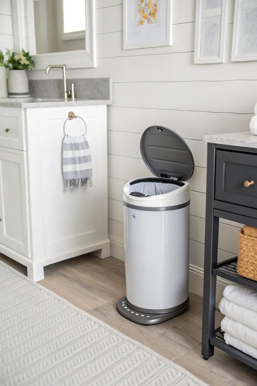 A diaper receptacle with modern odor-blocking features keeps a fresh and tidy nursery setting.