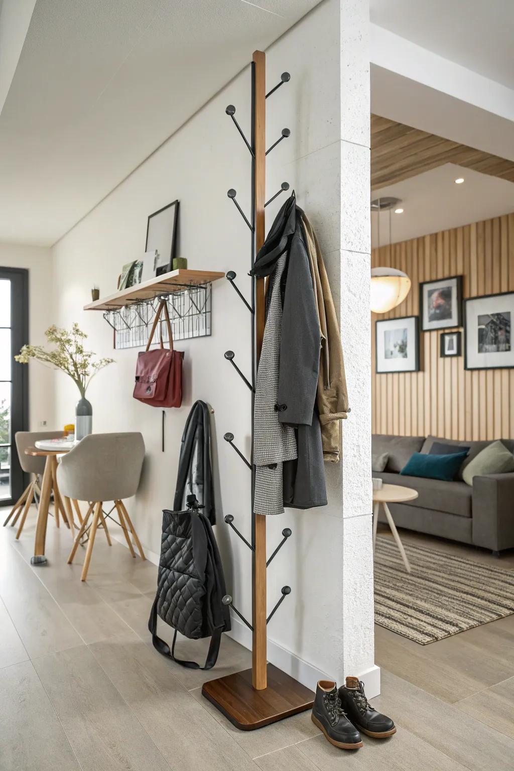 An asymmetrical coat rack layout, fabricating an impressive visual primary characteristic.