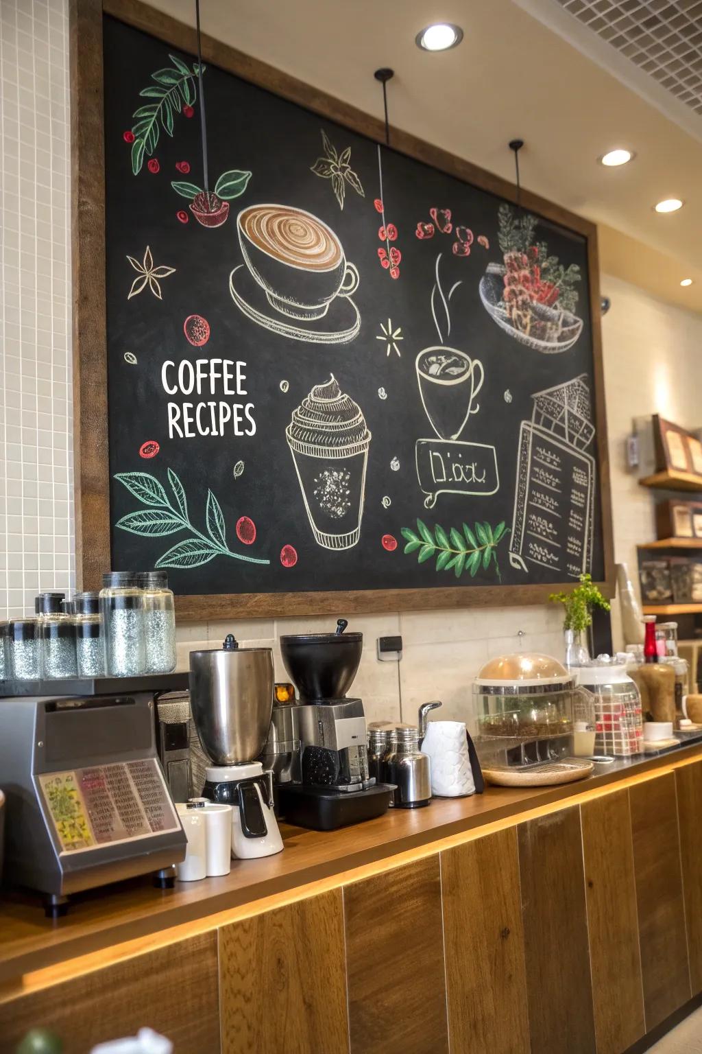 Interactive chalkboard art above the coffee bar.