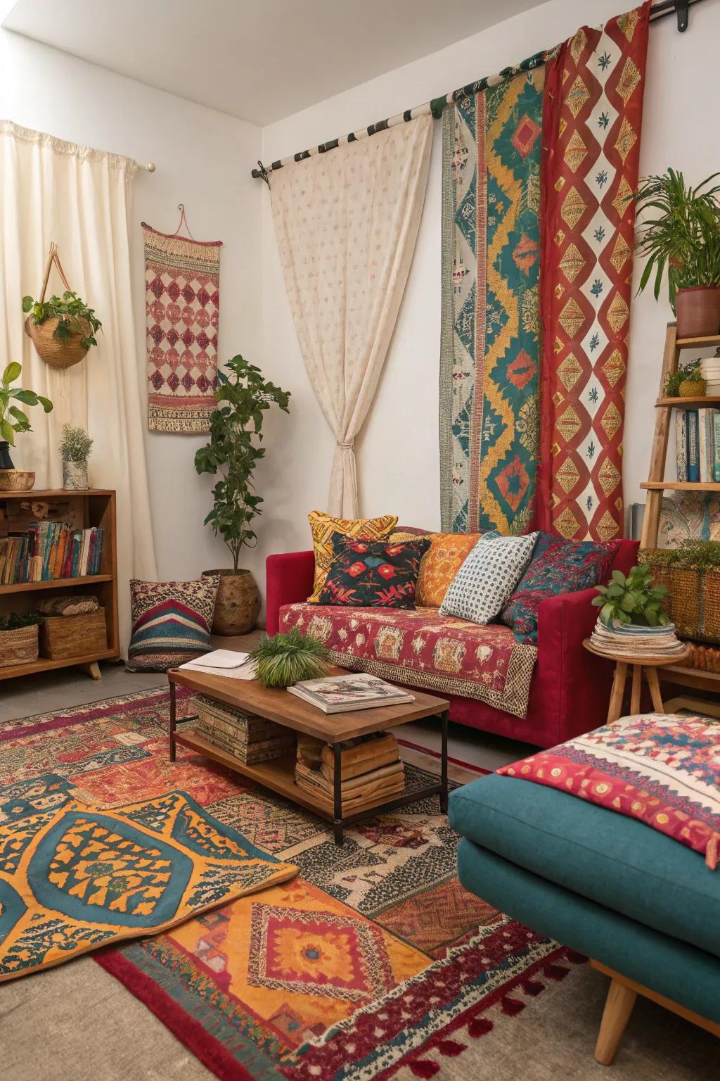 A creative mix of patterns brings an energetic vibe to a college apartment.